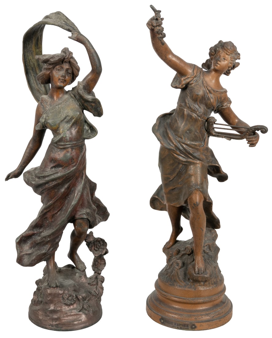 Two Art Nouveau spelter tabletop sculptures.: Two Art Nouveau spelter tabletop sculptures. France, ca. 1900s. Including: "Poesie d'Automne" after Auguste Moreau, and another with indistinct cast signature. Both approx. 17 x 4 x 4".
