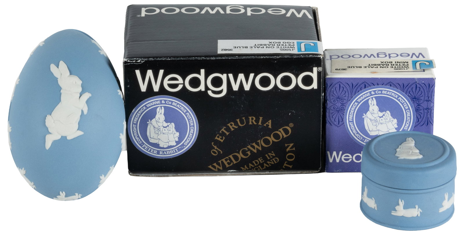 Wedgwood Blue Jasperware Miniature Round Box and Egg Box Featuring Peter Rabbit (2). (1 of 1)