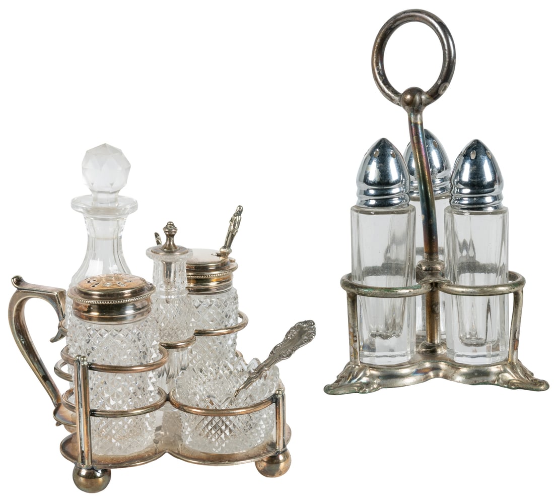 Pair of Glass Cruet Sets. 20th century.: Pair of Glass Cruet Sets. 20th century. The first a 5-piece cut glass set with silver plated holder, unmarked. Includes a small sterling silver spoon, marked, and engraved "Alice". The second a