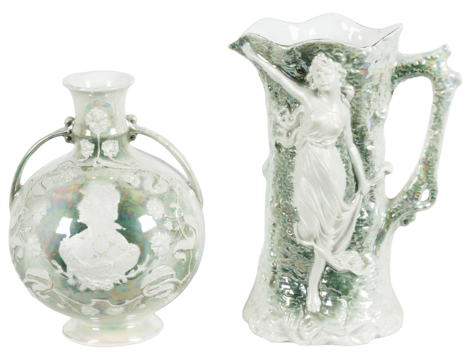 Iridescent Vase and Pitcher. 20th Century.: Iridescent Vase and Pitcher. 20th Century. Green and white with figural and floral motifs. Pitcher height 7 1/4.