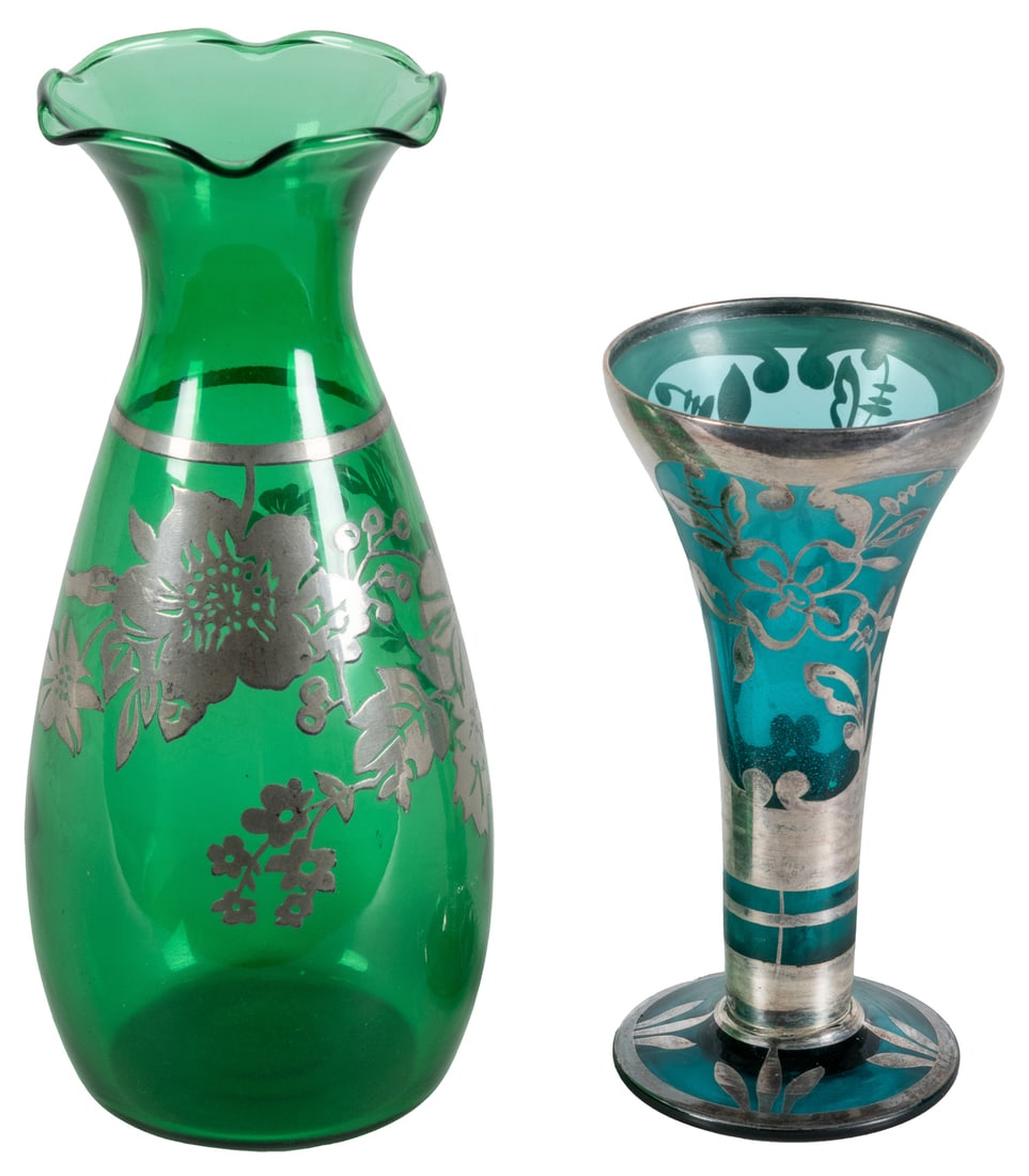 Pair of Art Nouveau Colored Glass Vases with Silver Overlay. 20th Century. (1 of 1)