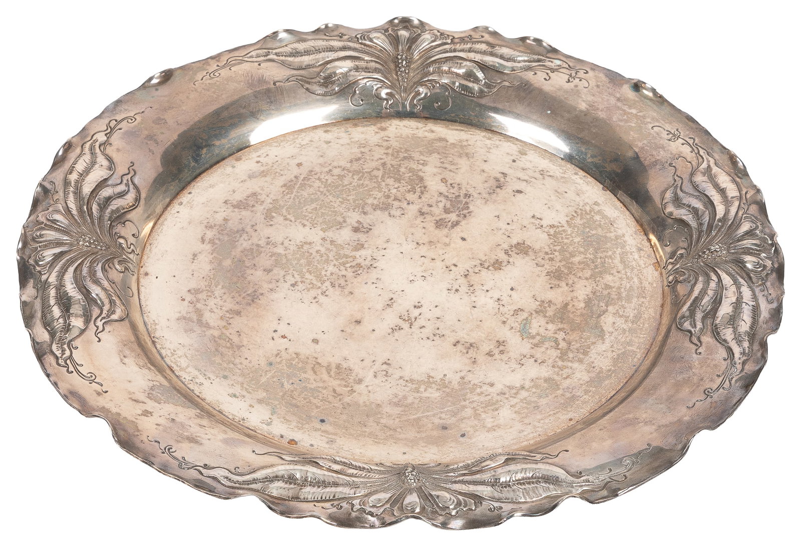 C.D. Peacock sterling silver plate.: C.D. Peacock sterling silver plate. Art Nouveau style plate, marked by Peacock and sterling to underside. Diameter 12". Total weight approx. 1lb. 1.7 oz.