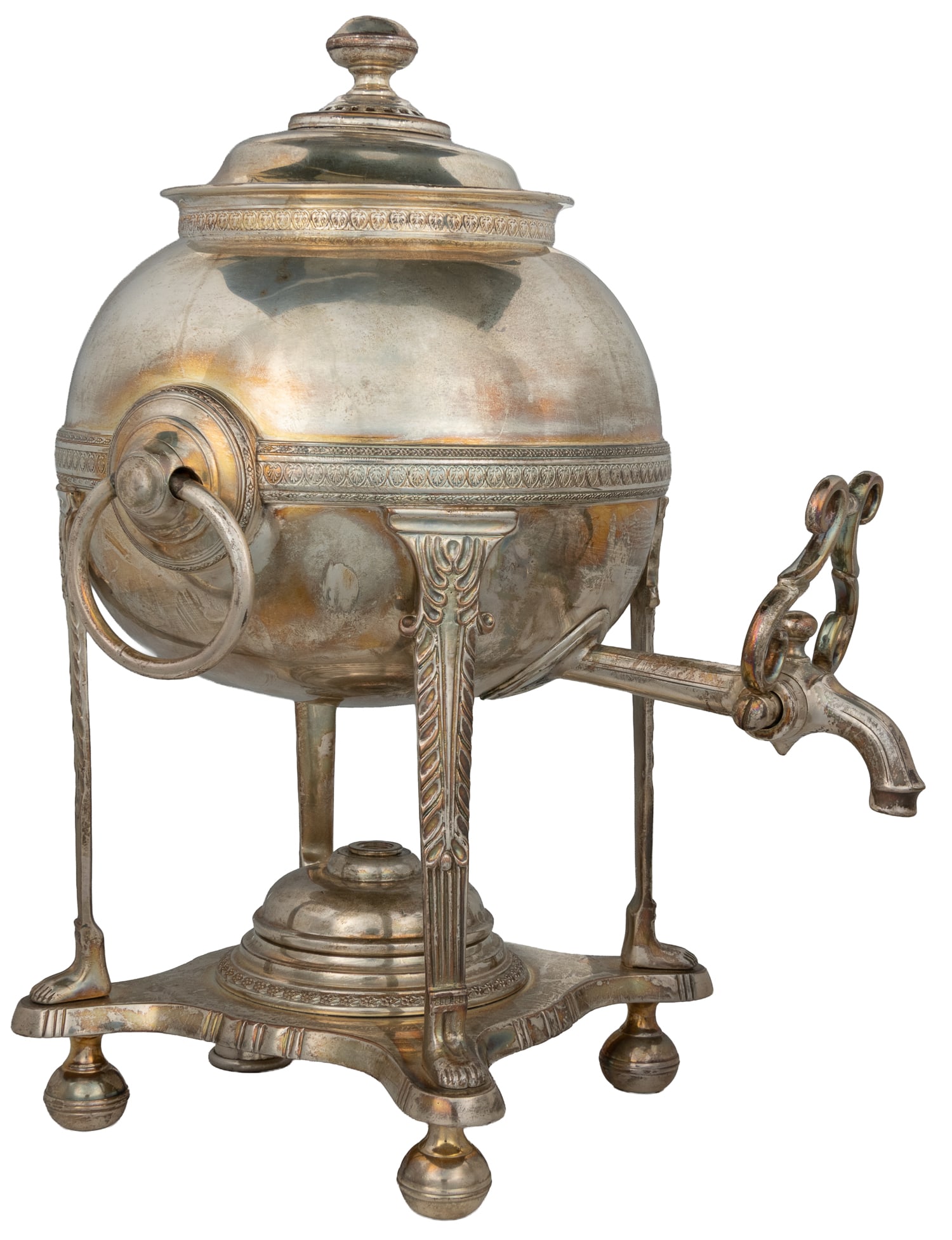 Antique silverplate samovar / hot water urn.: Antique silverplate samovar / hot water tea urn. 19th century. Round silverplate urn with lid, round handles, spigot and removable warmer. 12 x 8 x 10".