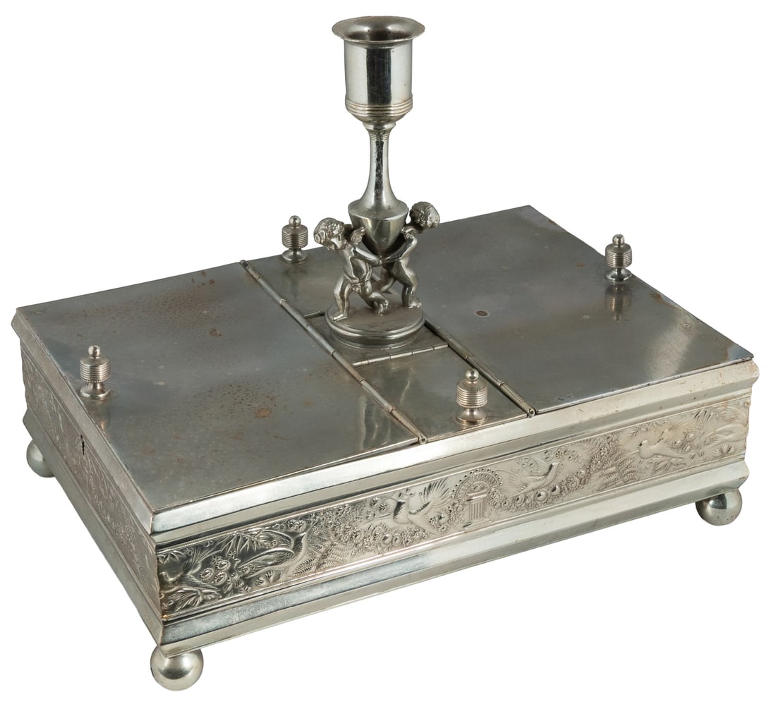 Antique figural silverplate cigar humidor with candle holder. (1 of 3)