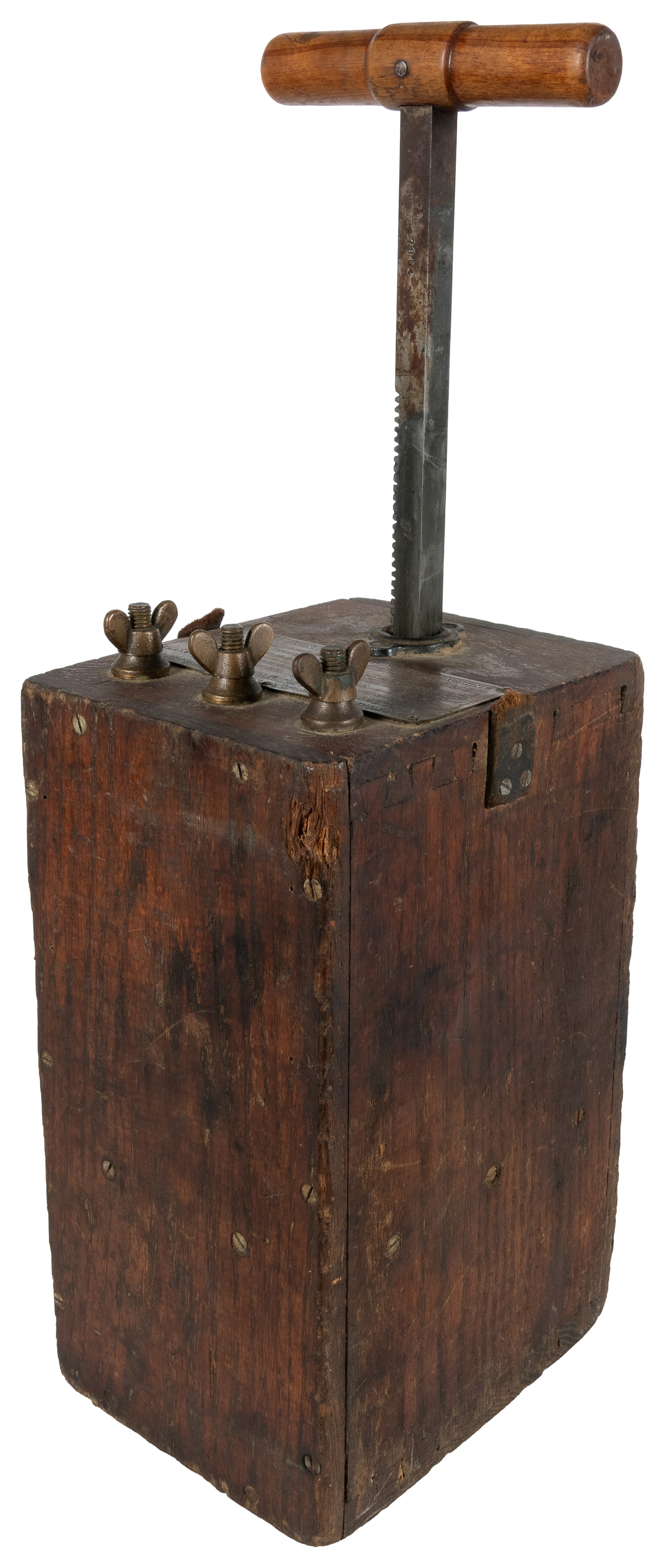 Atlas Twin-Fifty Blasting Machine.: Atlas Twin-Fifty Blasting Machine. Wilmington, Del.: Atlas Blasting Co. Antique blasting device with metal plaque and handle; leather handle strap missing. 22 1/4 x 6 1/2 x 8". Weight approx. 22 lbs.