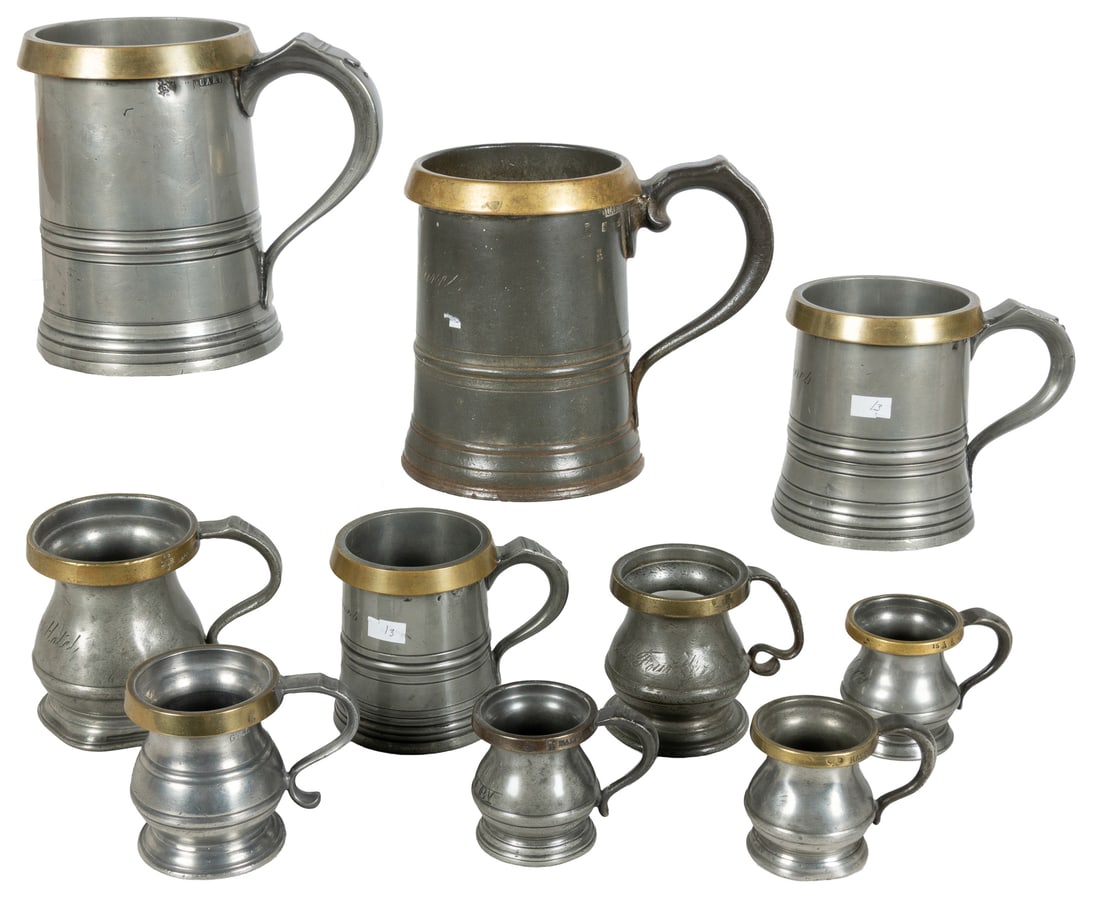 Group of 10 brass-rimmed antique pewter measures.: Group of 10 brass-rimmed antique pewter measures. British, early to mid-19th century. Includes: a matched set of 3 engraved "J. Jones" on front; a quart measure marked "E.R" and "V.R" #272, with