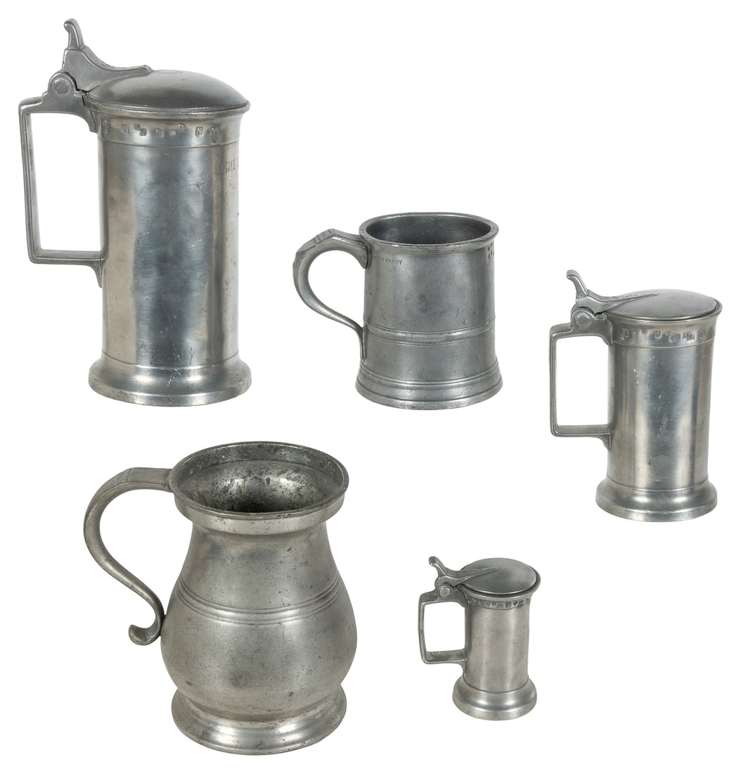 Thirteen antique British, American, and French measures.: Thirteen antique British, American, and French measures. Circa early to late 19th century. Includes: a set of three French lidded measures, marked "D. Fres.," the largest demi litre; a set of three