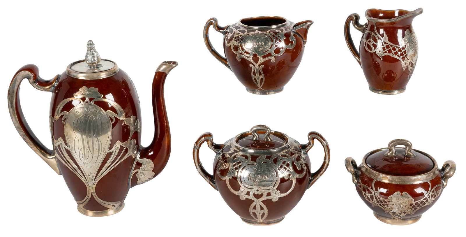 Group of 5 Lenox Brown Glazed Silver Overlay Tea Service. Circa early 20th century. (1 of 2)