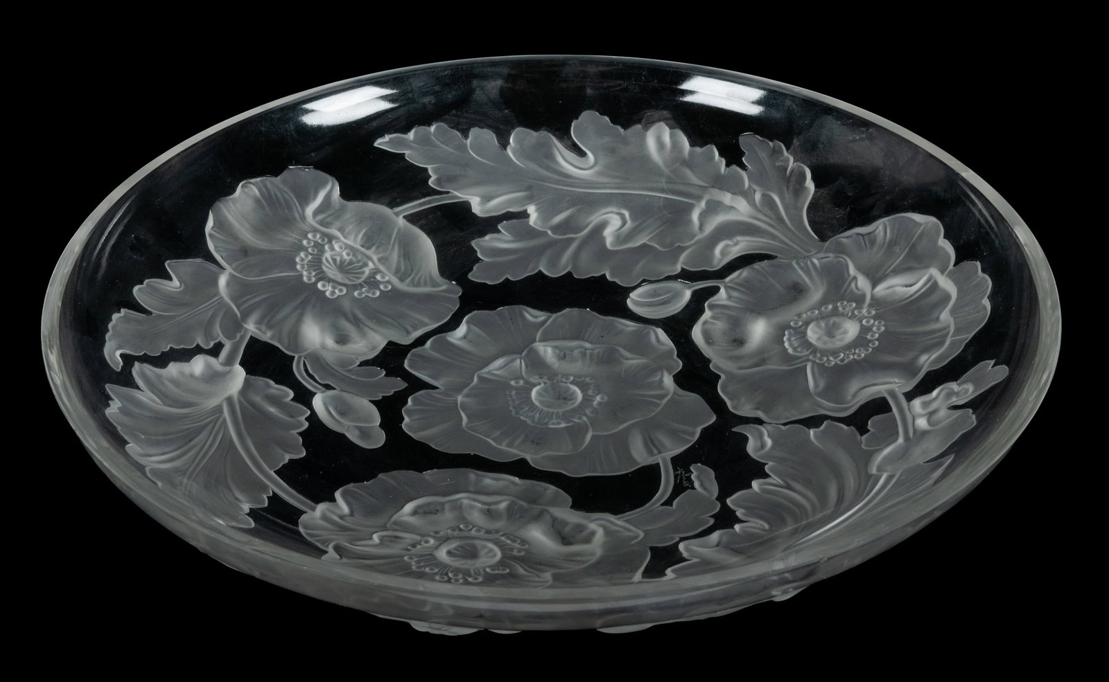 Verlys "Poppy" frosted glass shallow bowl.: Verlys "Poppy" crystal glass shallow bowl. France, 20th century. Art glass bowl with poppy design. Signed "Verlys". Diameter 13 3/4". Height 2 3/4".