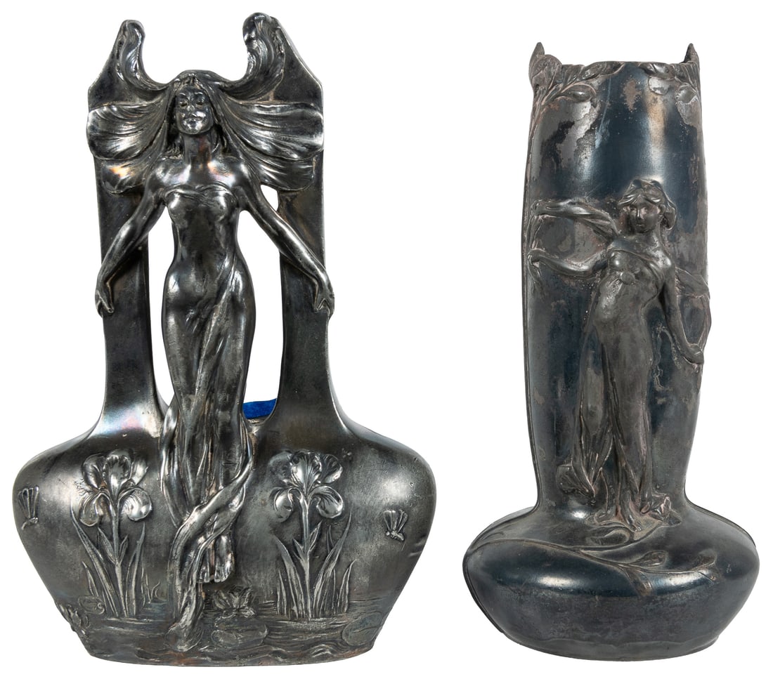 Pair of Art Nouveau figural silverplate vases.: Pair of Art Nouveau figural silverplate vases. Circa 1900s. Two vases with female figures and floral forms, one marked American Silverplate Co. and stamped 602, the other unmarked but stamped 4541 on