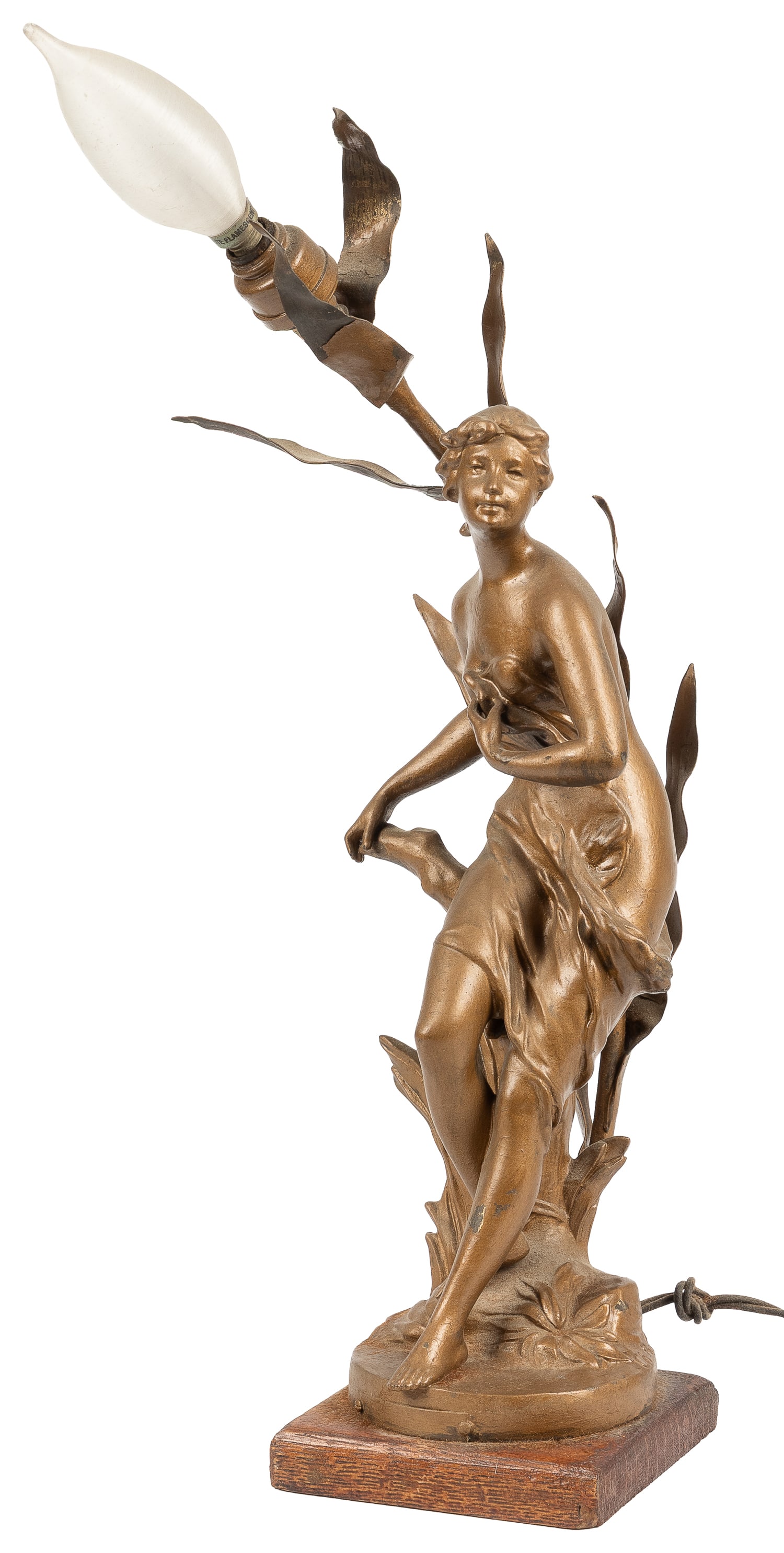 French Art Nouveau figural table lamp.: French Art Nouveau figural table lamp. Circa 1900s. Cast metal electric lamp depicting a woman holding a branch, with floral decoration, signed indistinctly "Ch. Per-" at base. 16 x 4 x 4 1/2".