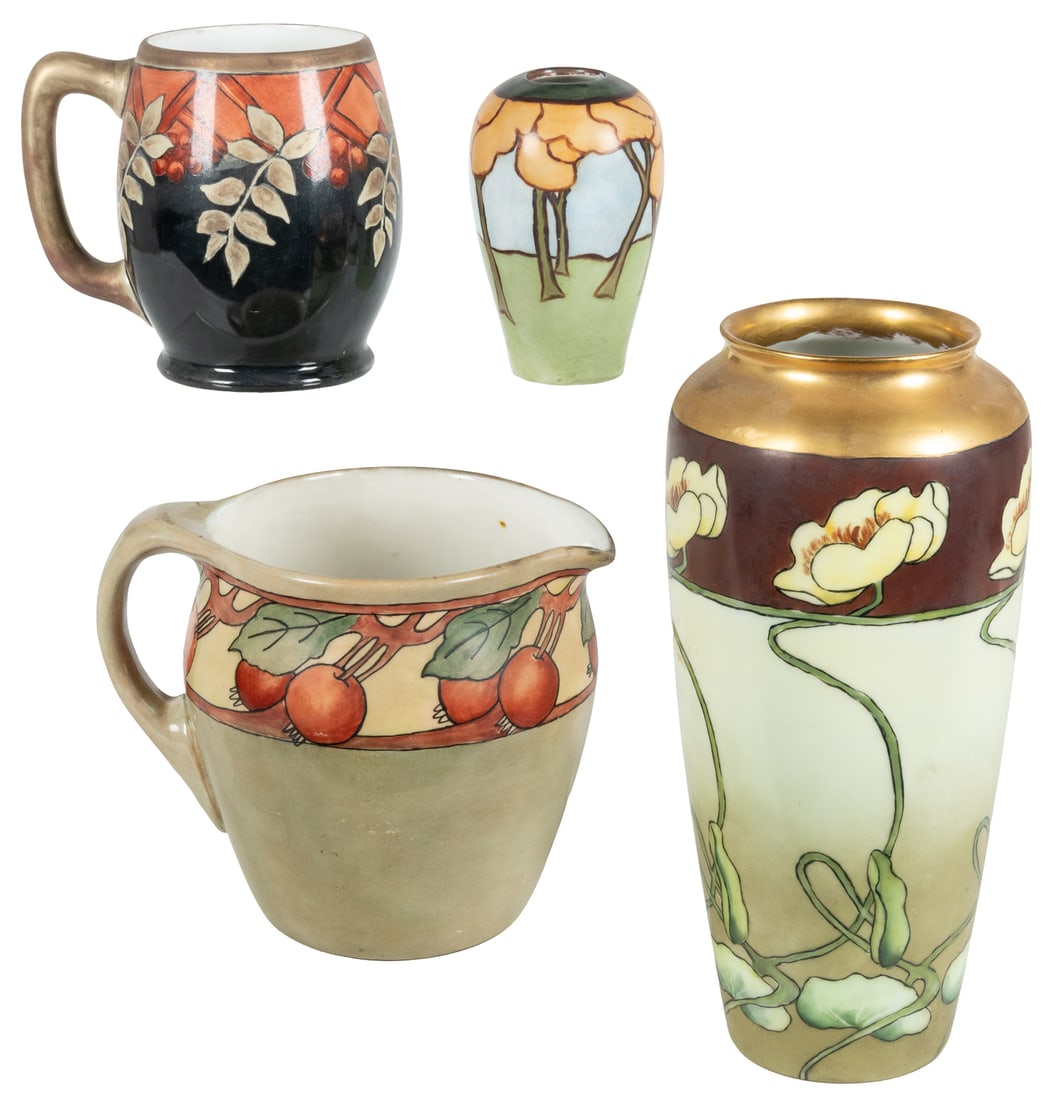 Rosenthal, Belleek, and other floral pottery (5).: Rosenthal, Belleek, and other floral pottery (5). Circa 1890s-1900s. Five pieces, including: Rosenthal Bavaria vase, signed "Reese / 1910". Belleek pitcher, signed "EM / 05". JPL (Jean Pouyat)