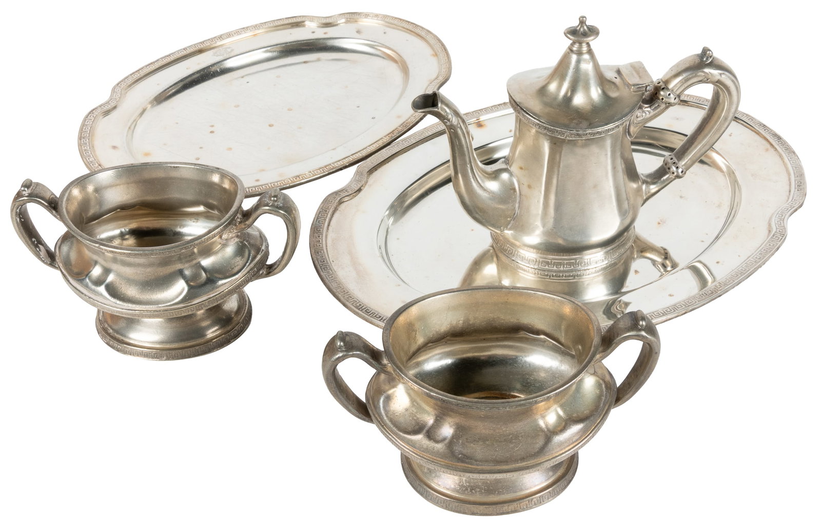 Reed & Barton Illinois Central Railroad group of silver soldered silverware.: Reed & Barton Illinois Central Railroad group of silver soldered silverware. Circa 1920s. Five pieces, including: a 10 oz coffee pot; (2) trays; and (2) handled bowls. All marked by Reed & Barton