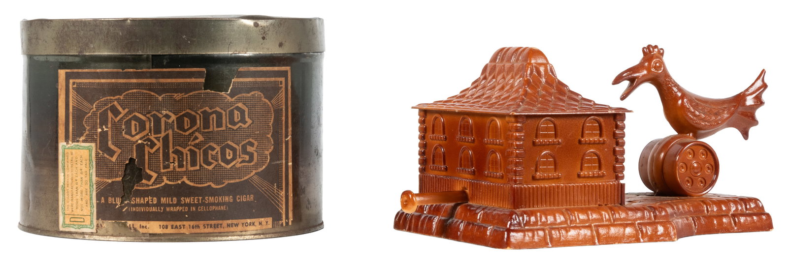 Plastic Mechanical Bird Cigarette Dispenser and Corona Chicos Cigar Tin. Circa 20th century. (1 of 1)
