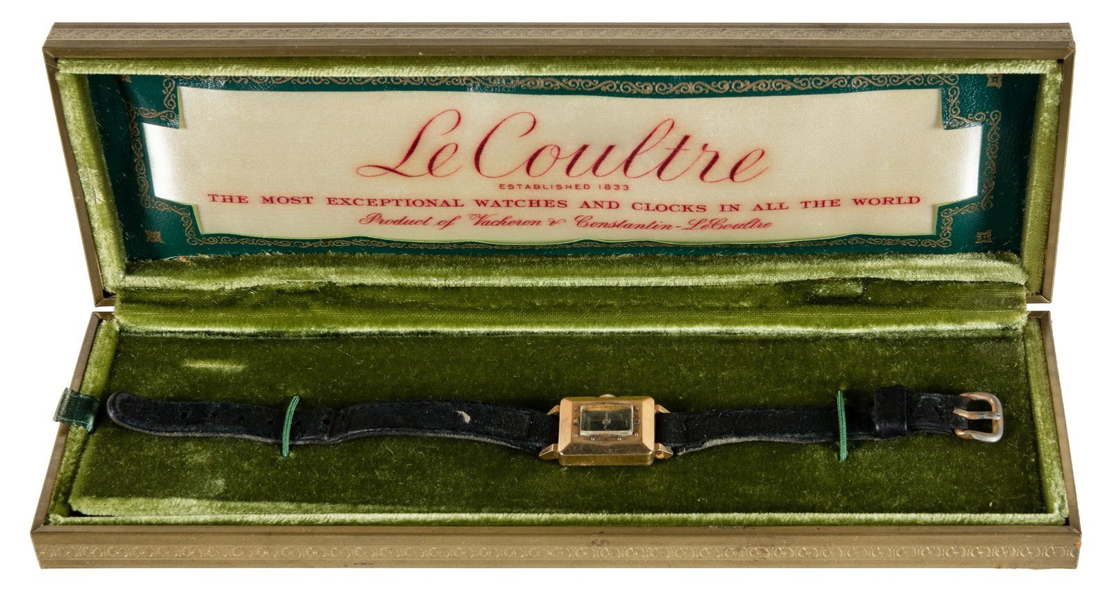 Jaeger Le Coultre 14k gold Art Deco ladies watch.: Jaeger Le Coultre 14k gold Art Deco ladies watch. Switzerland, ca. 1930s. Rectangular case marked 14k, black dial with square and round numerals, with black leather band. Total weight 0.5 oz. Length