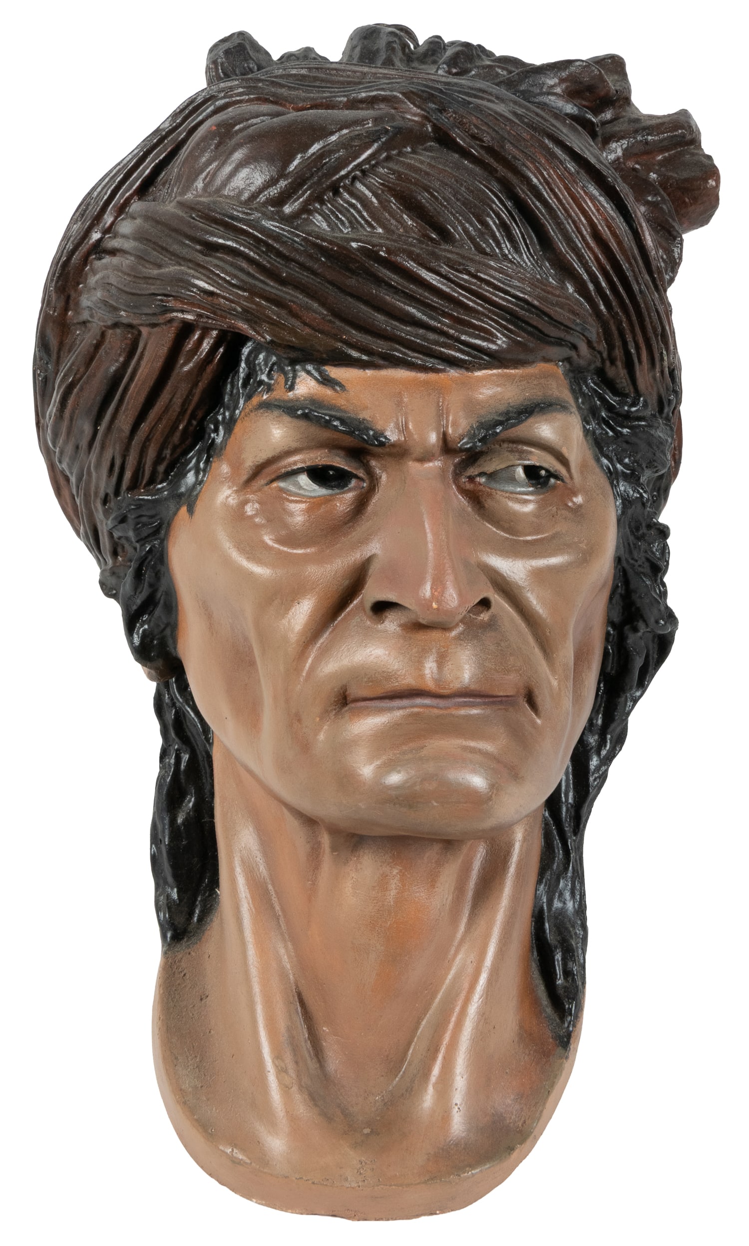 American Indian painted bust.: American Indian painted bust. 20th century. Painted plaster life-size bust, with thick hanging chain at top. 14 3/4 x 9 x 6".