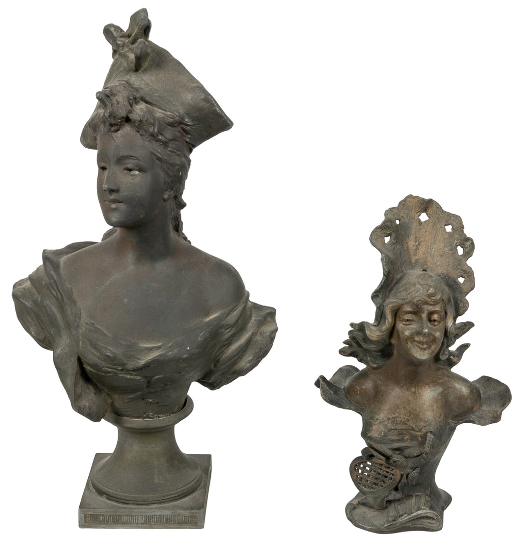 Two busts, one after Georges Van der Straeten.: Two busts, one after Georges Van der Straeten. Circa 19th/early 20th century. Two metal desktop female busts, the larger signed "Van der Straeten" on the reverse. Larger 12 1/4 x 6 x 4".
