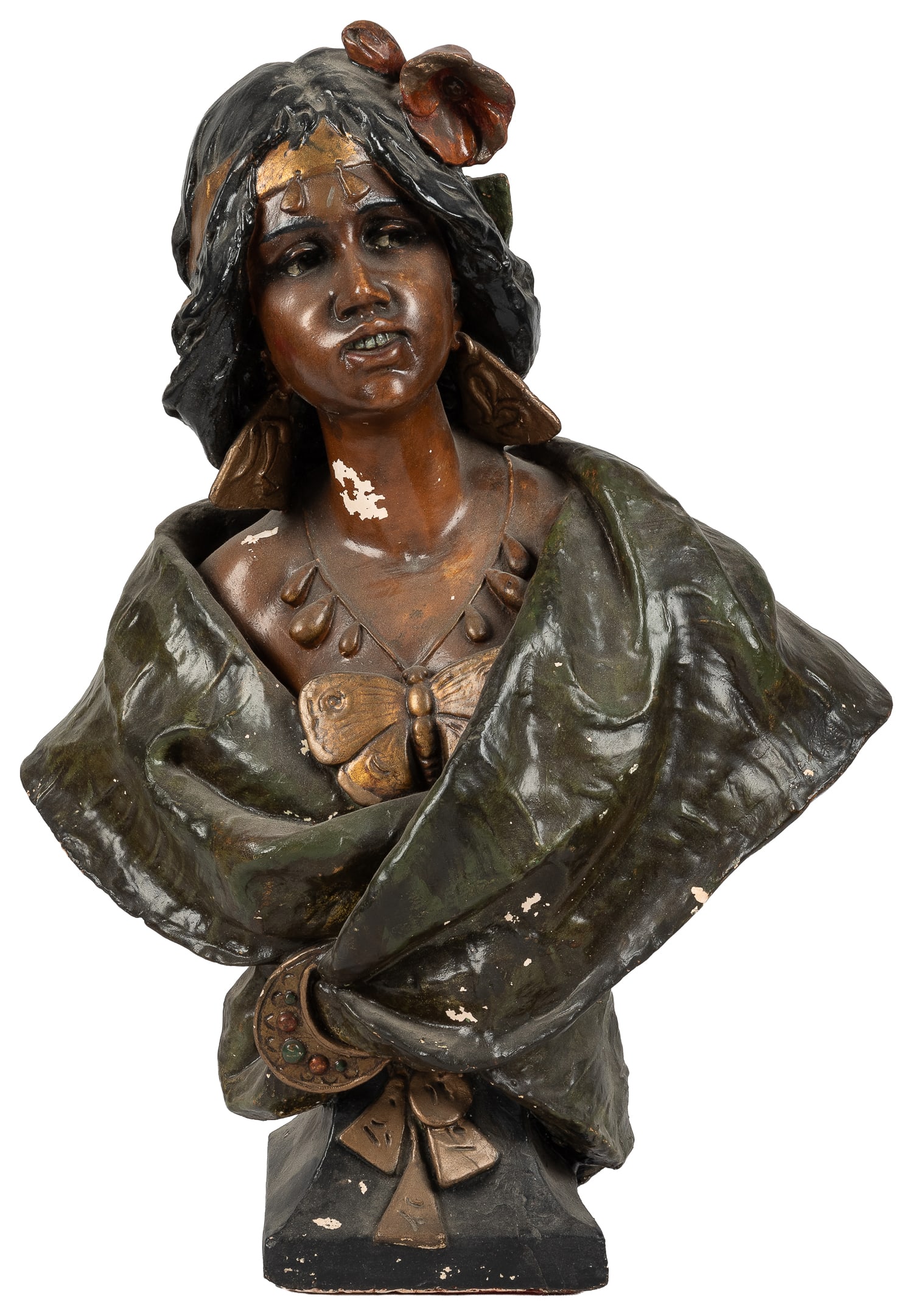 Painted plaster female bust.: Painted plaster female bust. Circa early 20th century. Signed "PM" on verso base. 19 x 13 x 5 1/2".