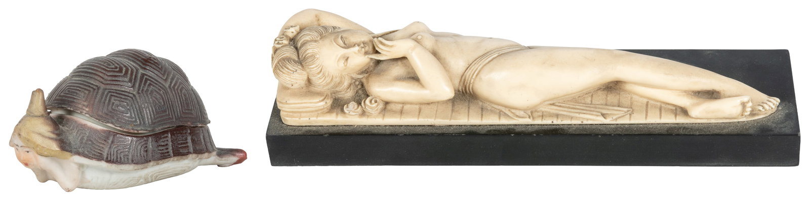 Bathing beauty naughty turtle porcelain figure.: Bathing beauty naughty turtle porcelain figure. Bisque porcelain bathing beauty in turtle figure with removable shell. Length 4". [And]: a Japanese erotic netsuke figure, length 7 1/2".