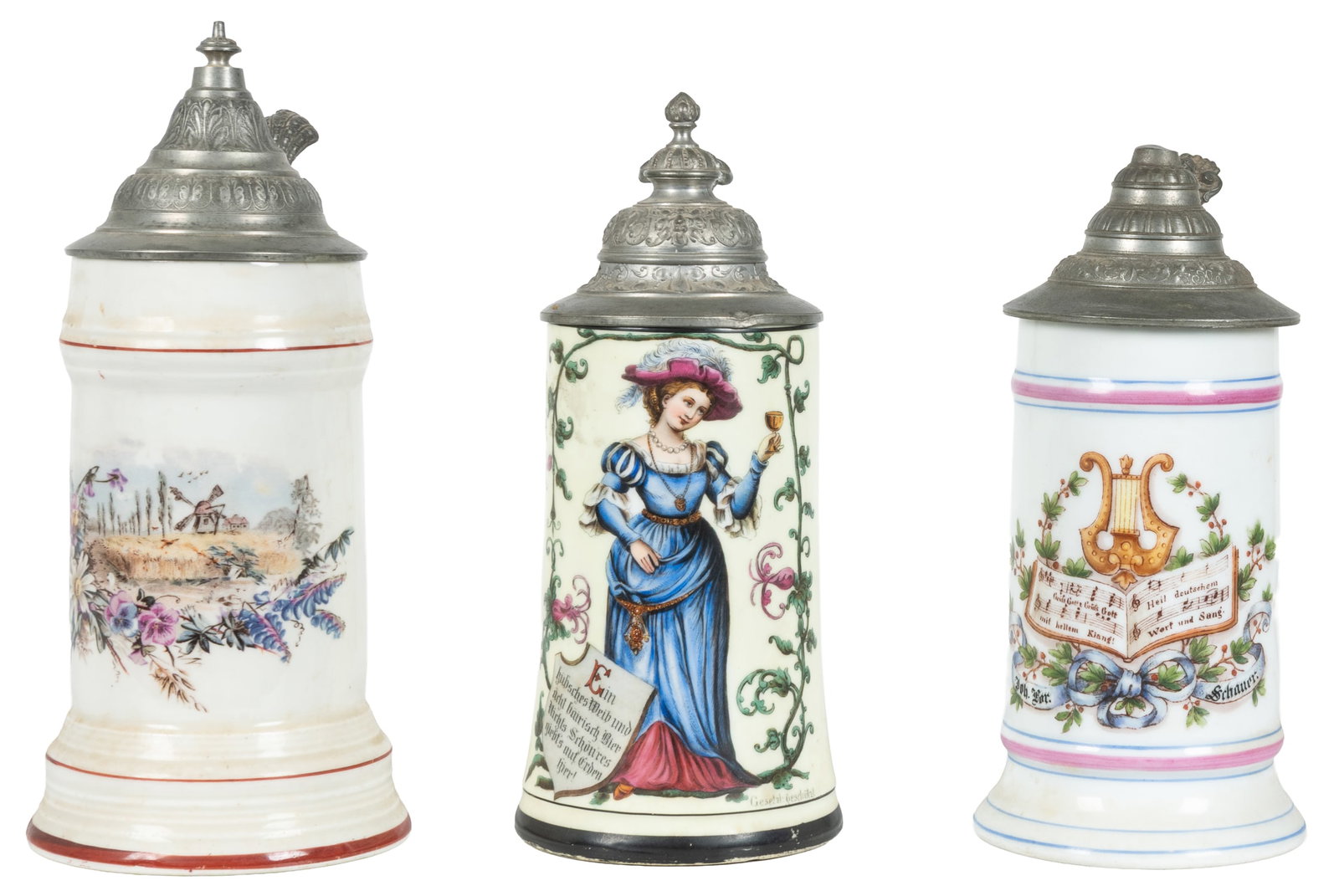 Three German lithopane porcelain steins with pewter lids. (1 of 5)