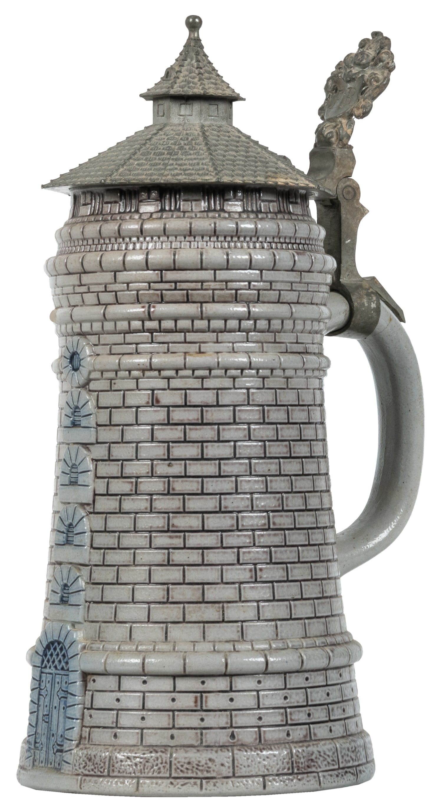 Theodor Wieseler Nurenberg Tower stein.: Theodor Wieseler Nurenberg Tower stein. Circa 1880s. Marked TW on underside. Initialed FR on handle. Figural stein with pewter lid. 10 x 4 1/2 x 4 1/2".
