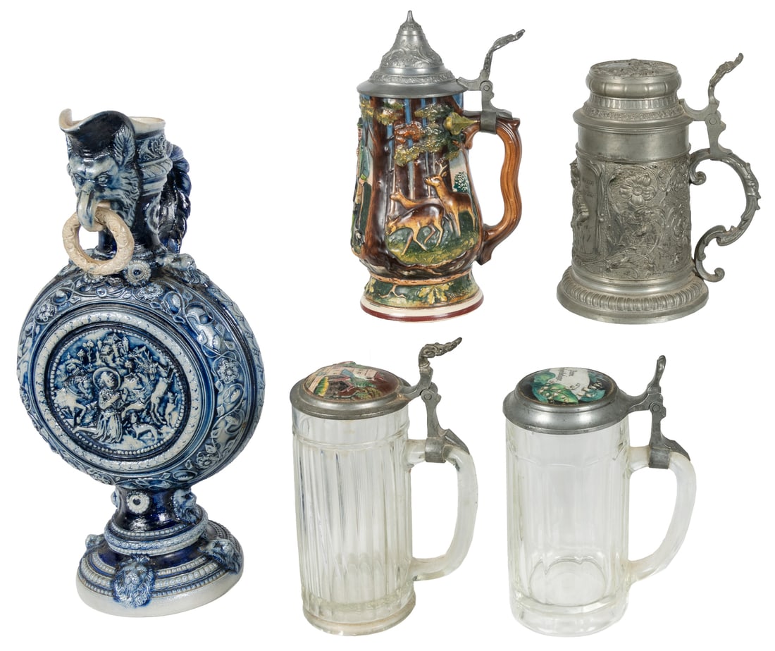 Group of 5 German steins and ewer. (1 of 2)