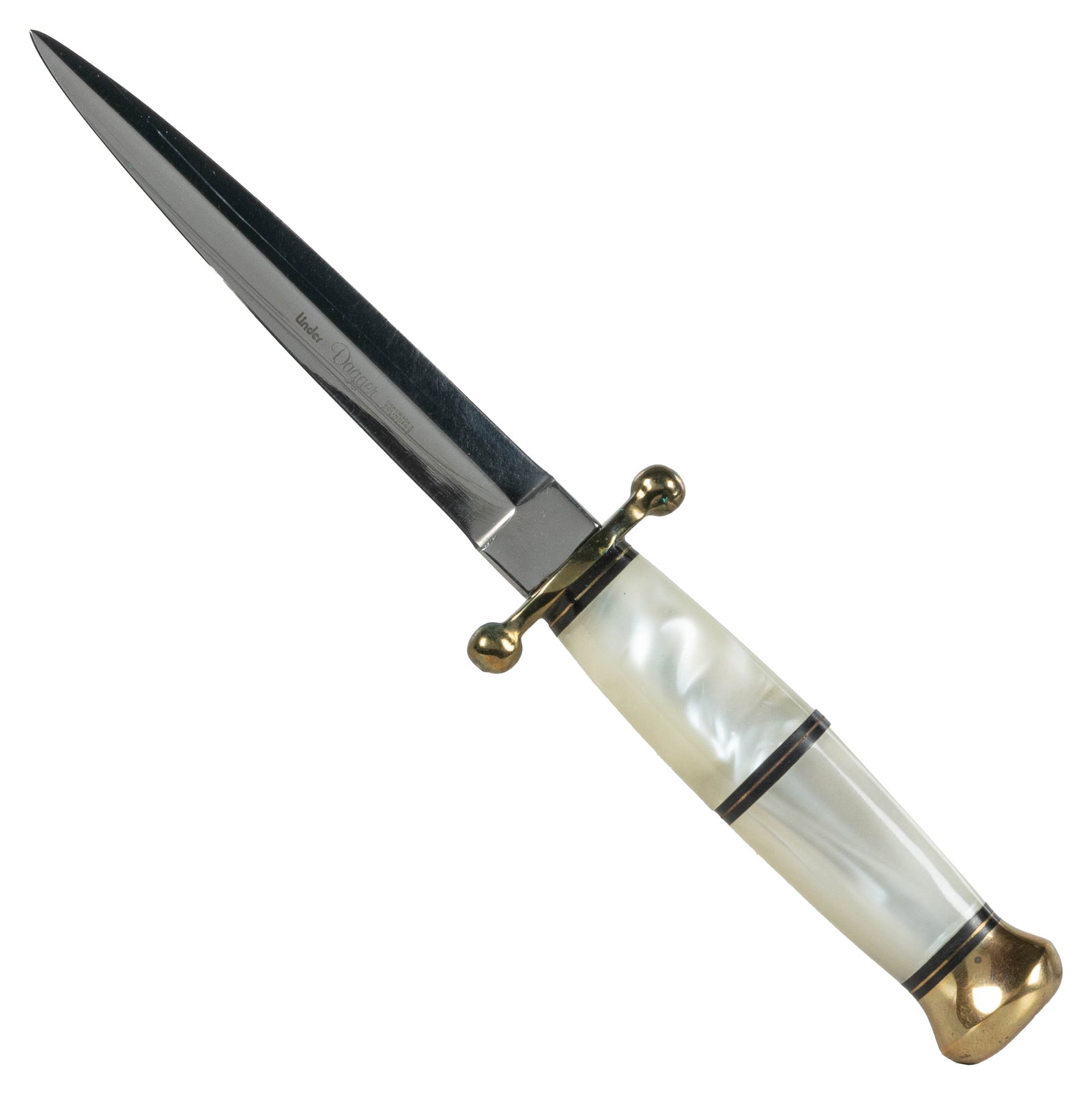 [KNIVES]. Pair of Knives, including: Dagger with Perlex Handle. White Perlex handle. Solingen, G... (1 of 4)