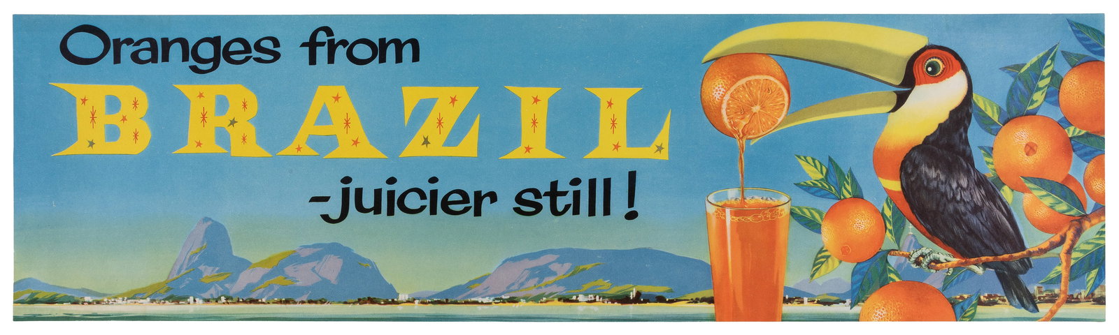 Oranges from Brazil advertising poster.: Oranges from Brazil advertising poster. Circa 1950s. Horizontal offset lithograph poster depicting a toucan juicing an orange. Linen backed. 8 1/2 x 29 3/4".