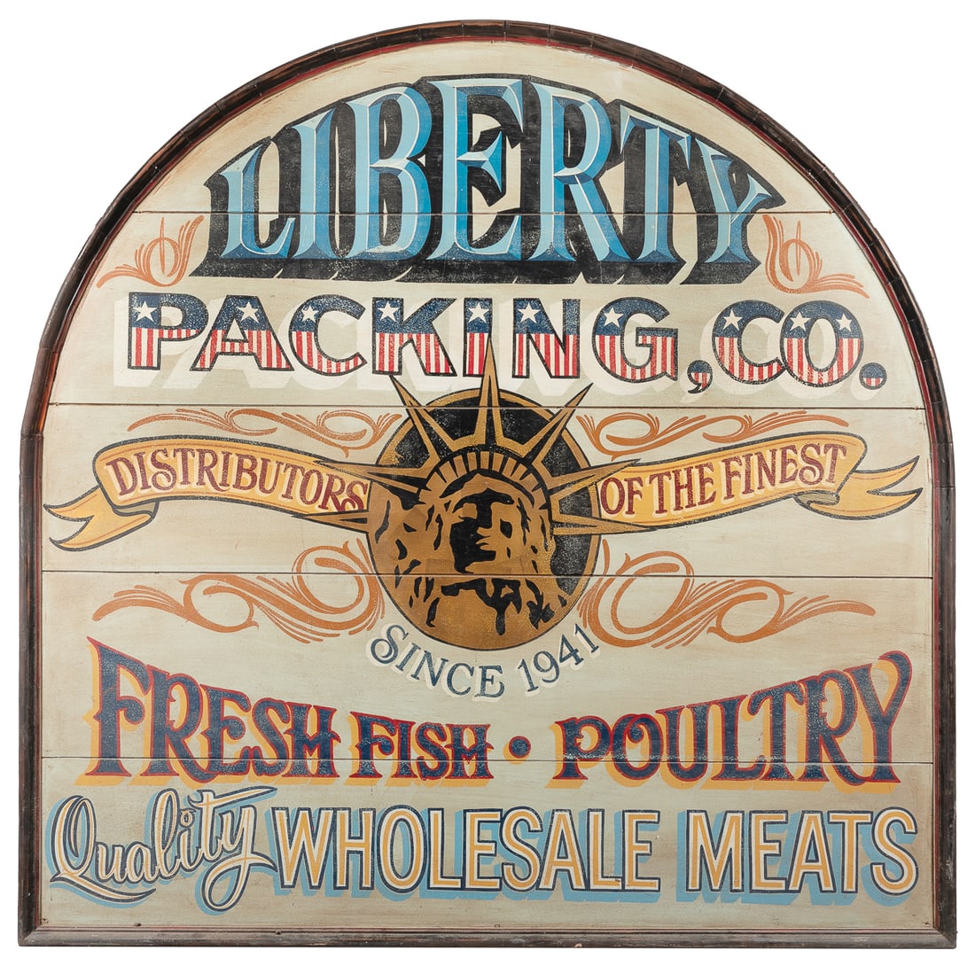 Liberty Packing Co. Fresh Fish, Poultry, Wholesale Meats sign.: Liberty Packing Co. Fresh Fish, Poultry, Wholesale Meats sign. Modern painted single-sided wooden tombstone-style sign in frame. On plywood. Overall size 59 x 60". Light wear (most likely simulated).
