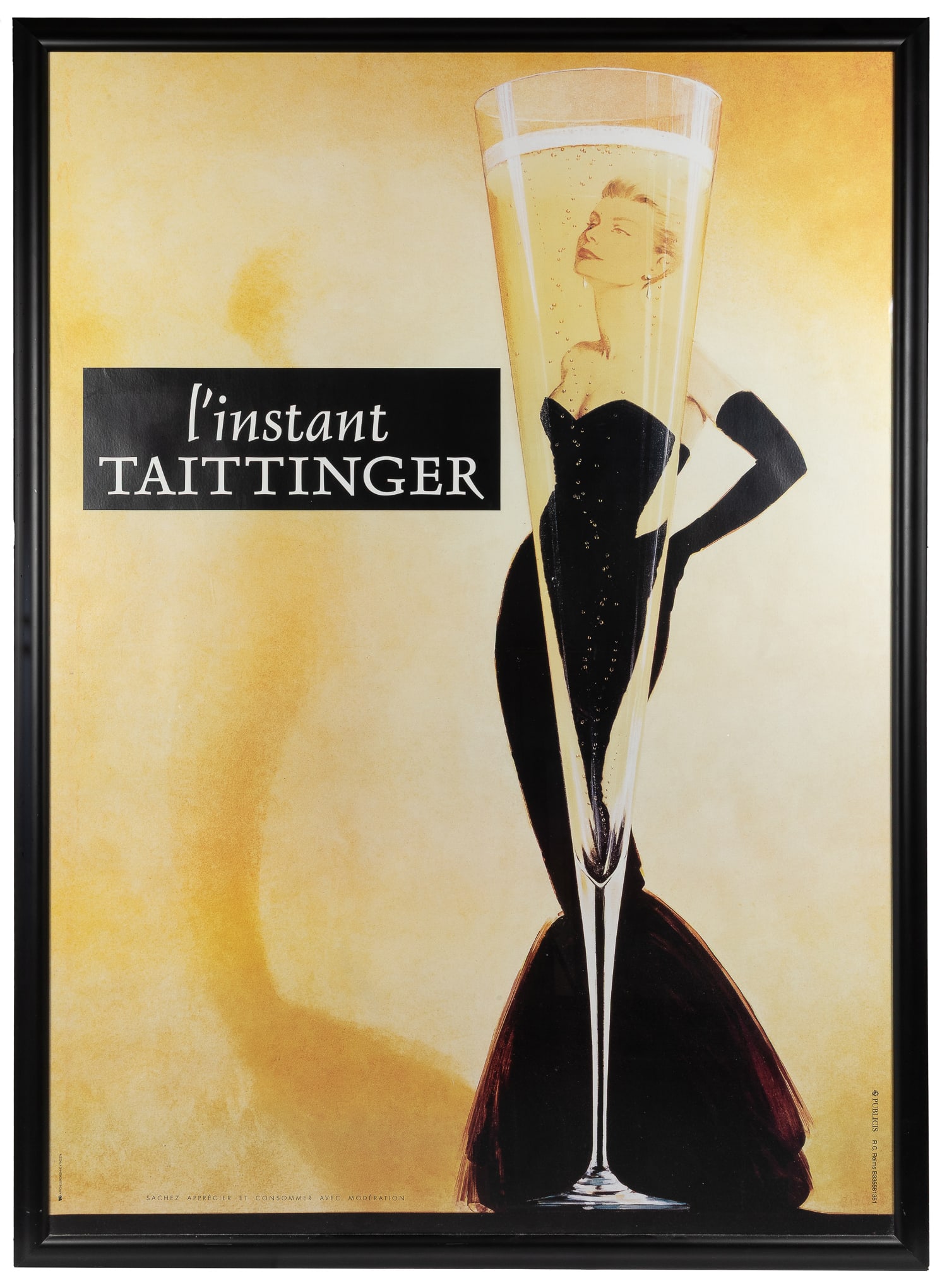 L’Instant Taittinger. Publicis, R.C. Reims, ca. 1980s.: L’Instant Taittinger. Publicis, R.C. Reims, ca. 1980s. Color offset poster advertising the French champagne. Known as the Grace Kelly design, but actually modeled after French actress Catherine