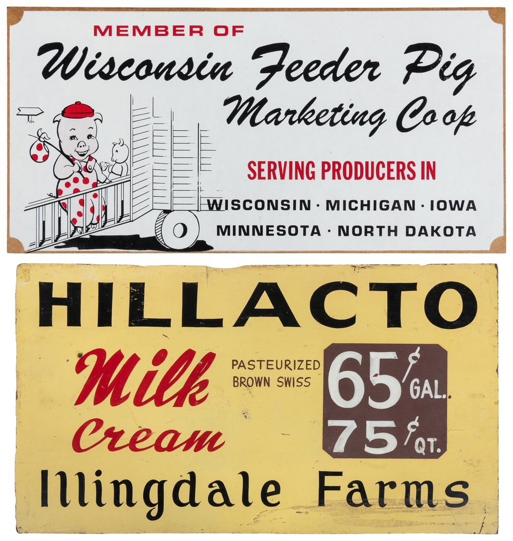 Wisconsin Feeder Pig Marketing Co Op Masonite Sign and another Advertising Sign, two. 20th century. (1 of 3)