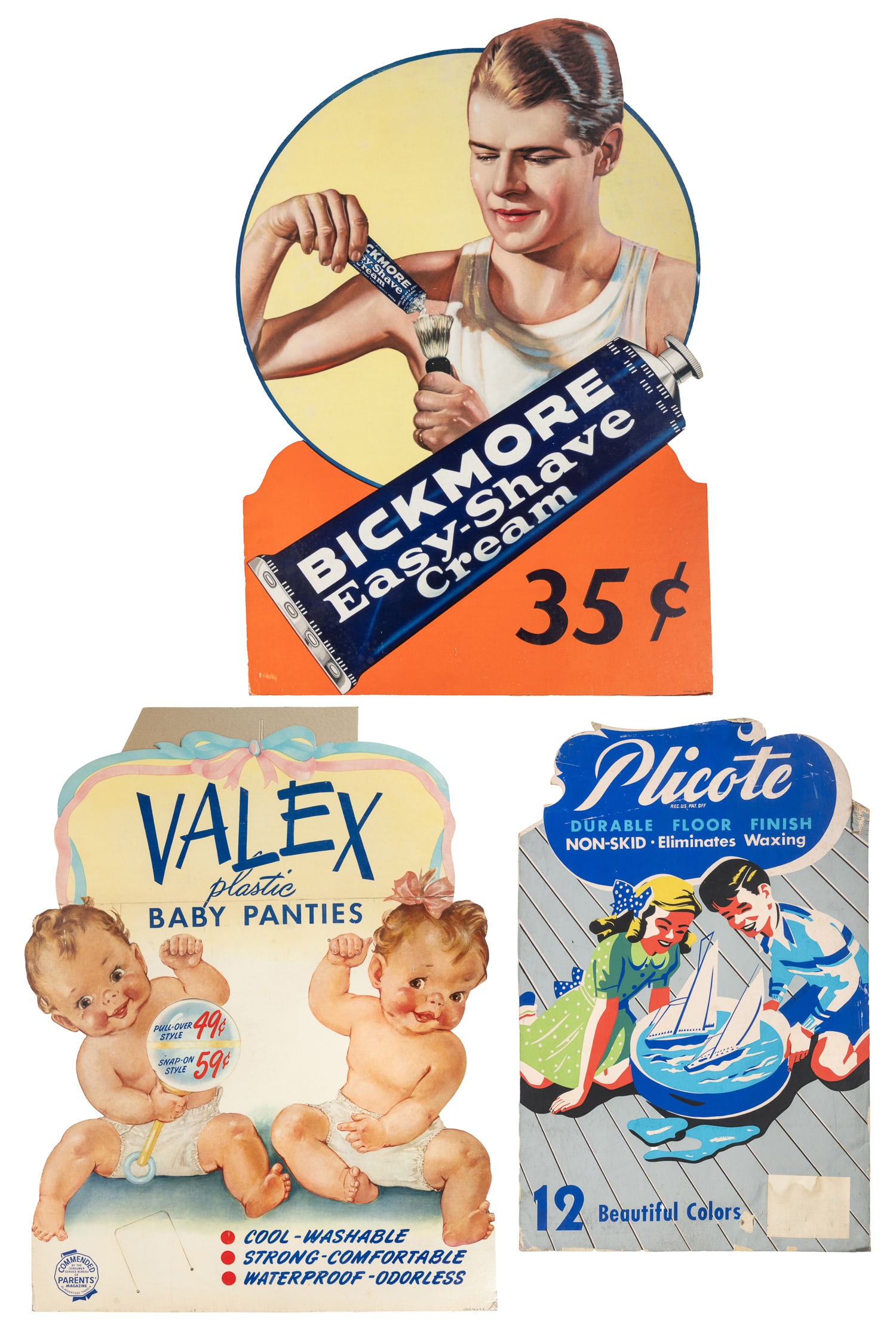 Three American product advertising standees.: Two American product advertising standees. Circa 1950s. Including: Valex Plastic Baby Panties standee. 28 x 21 1/2". Bickmore Easy-Shave Cream. 31 x 21". Plicote Durable Floor Finish. 21 1/4 x 14".