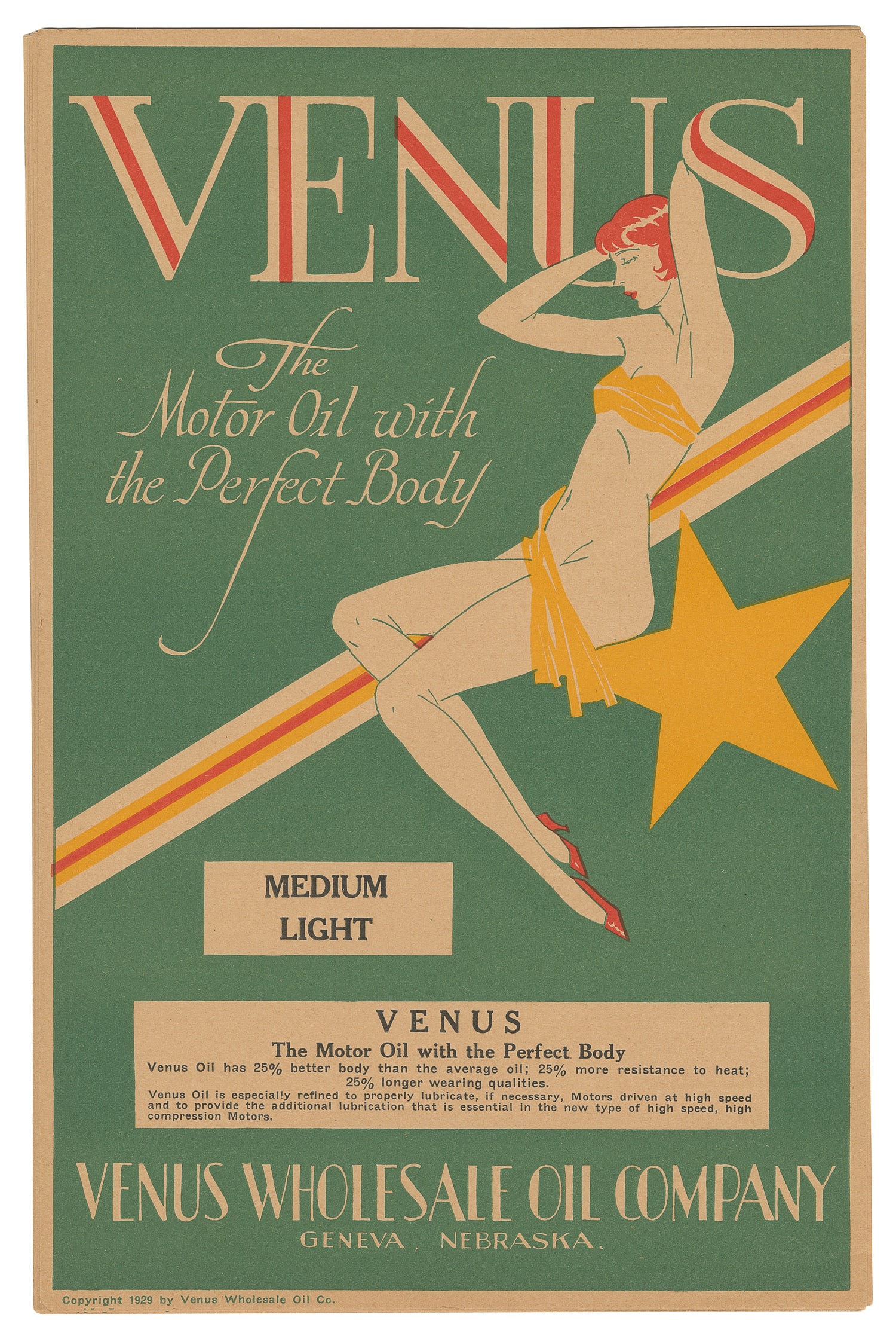 Venus Motor Oil "Perfect Body" labels (11). 1929. (1 of 1)