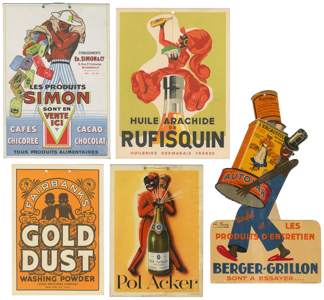 [BLACK ADVERTISING]. Group of 5 product display signs. (1 of 6)