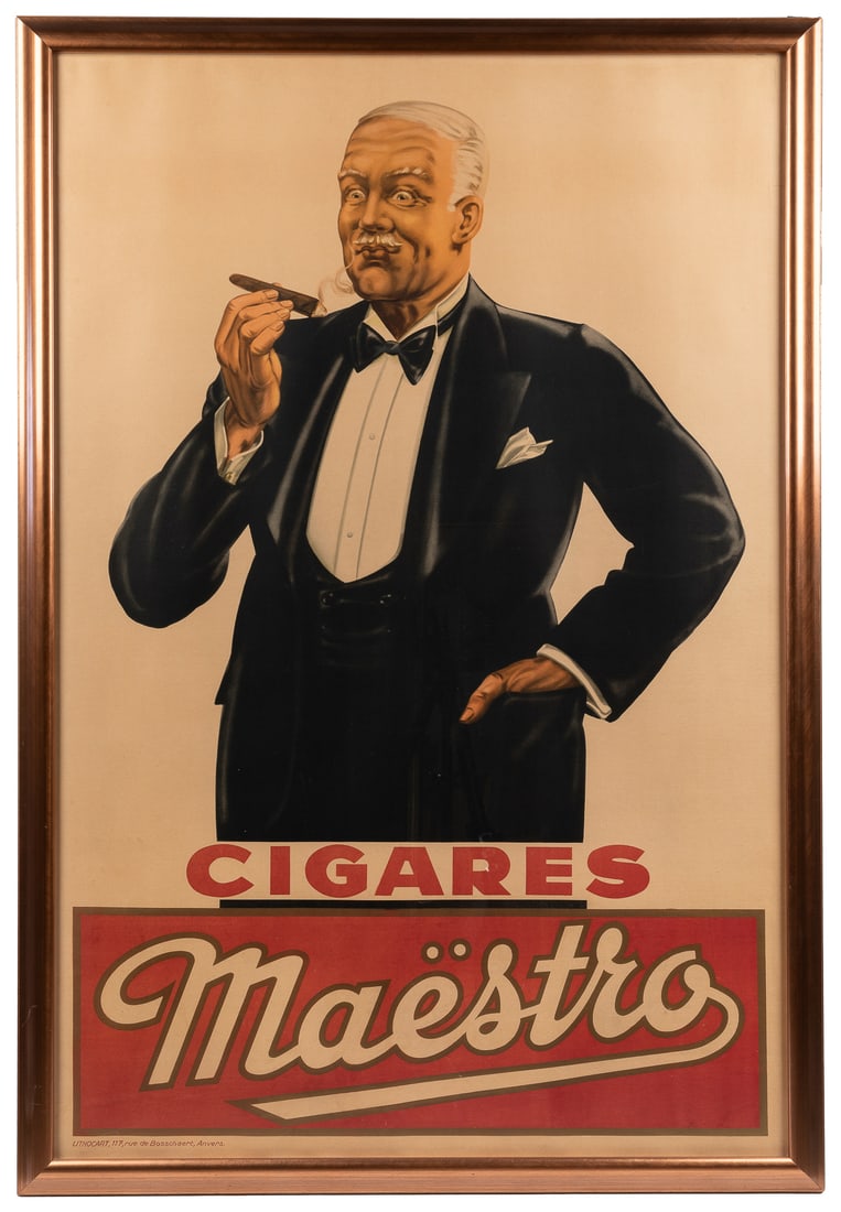 Cigares Maestro. Anvers: Lithocart, ca. 1920s. Classic Belg...: Cigares Maestro. Anvers: Lithocart, ca. 1920s. Classic Belgian cigar lithograph advertising poster depicting an aficionado studying his cigar. Framed (Plexiglas), 51 1/2 x 35". Third-party shipping re