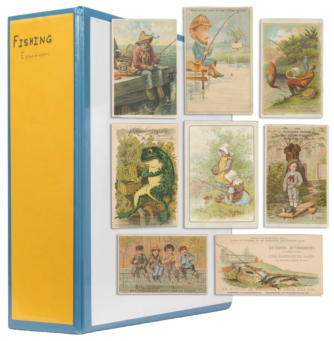 [EPHEMERA]. Album of fishing trade cards, snapshots, and ephemera. (1 of 4)