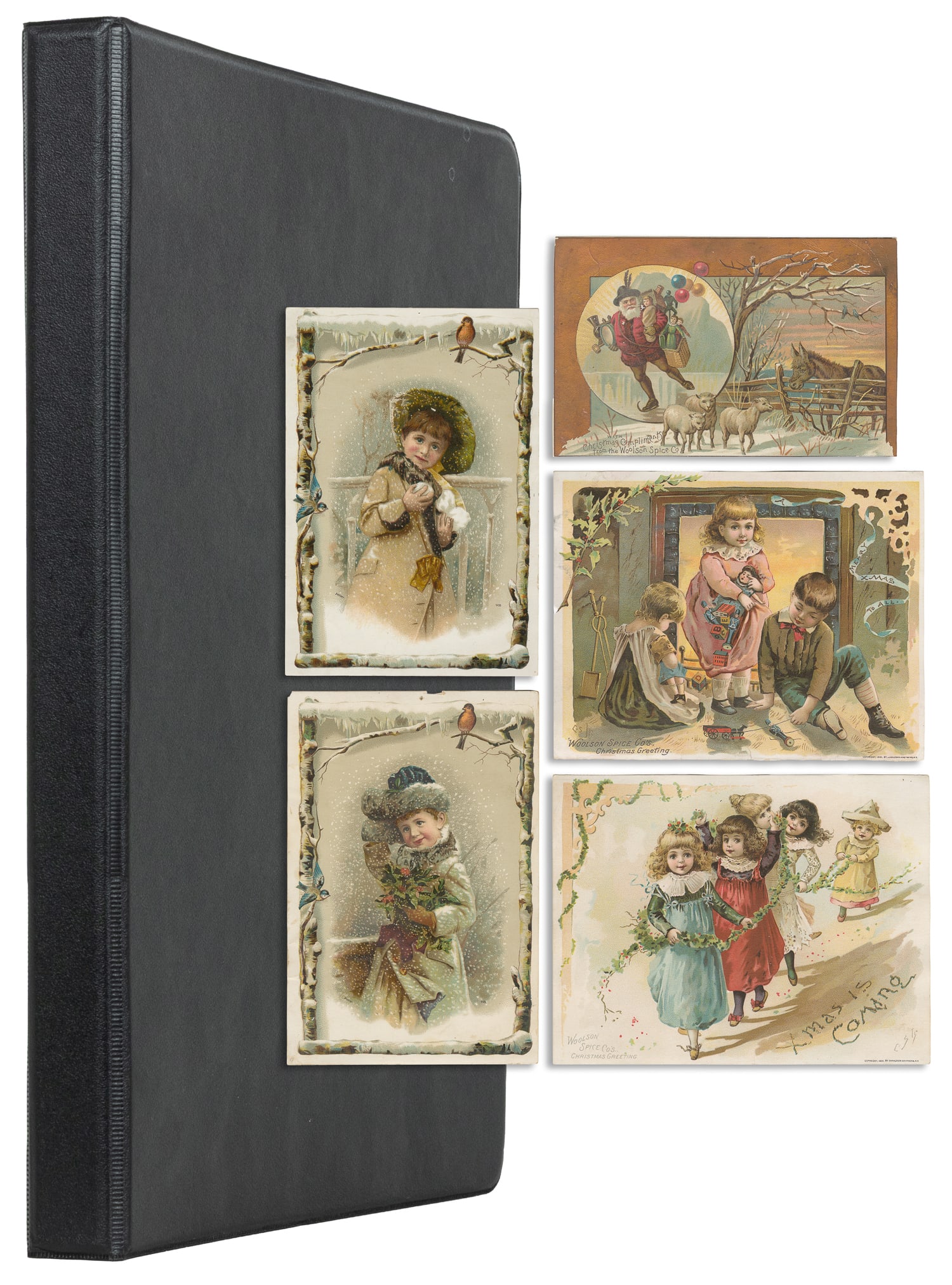 Group of 23 chromolithograph trade cards, mostly Christmas. (1 of 3)