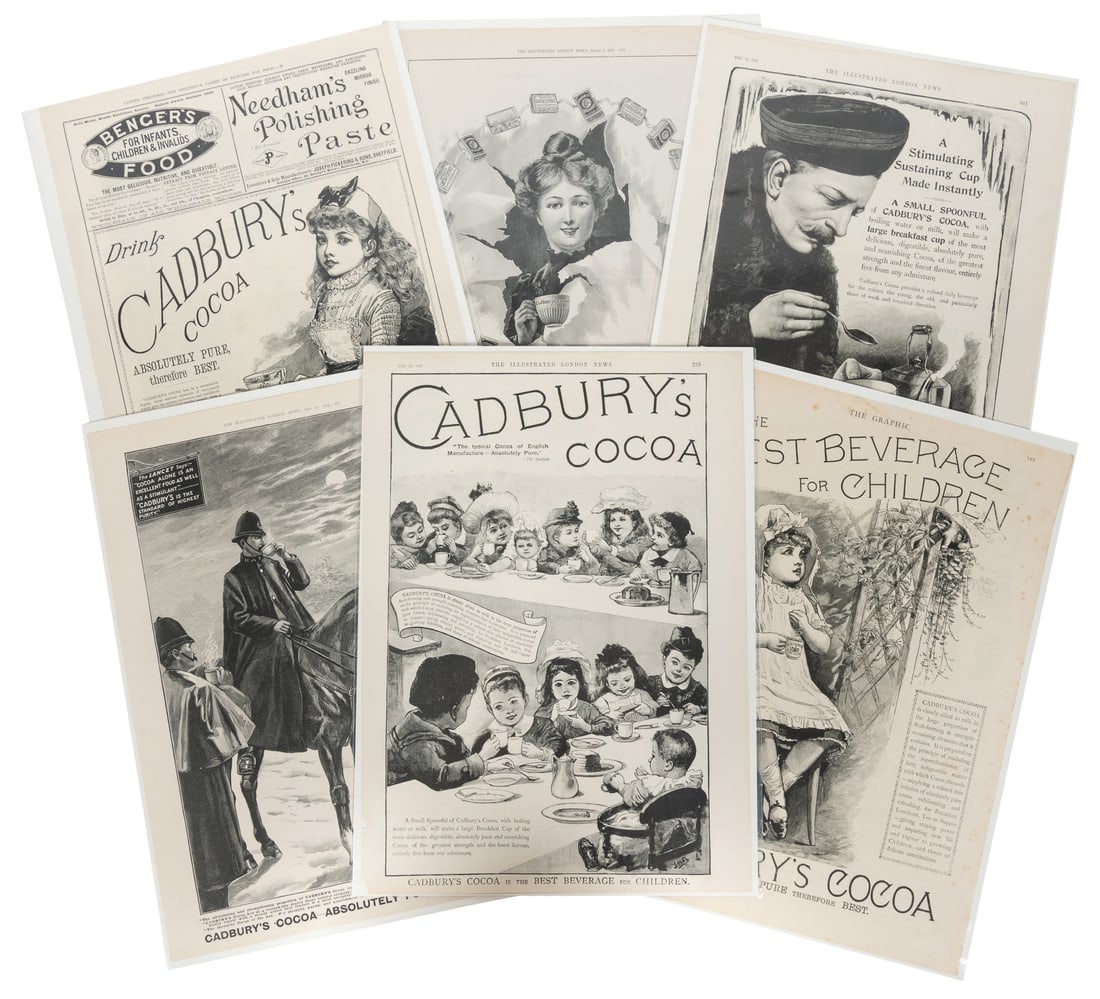 Collection of 9 Cadbury's Cocoa Newspaper Advertisements. Circa 1885 - 1903.: Collection of Nine Cadbury's Cocoa Newspaper Advertisements. Circa 1885 - 1903. Includes nine print advertisements run in issues of UK publications, The Graphic and The Illustrated London News, nine w