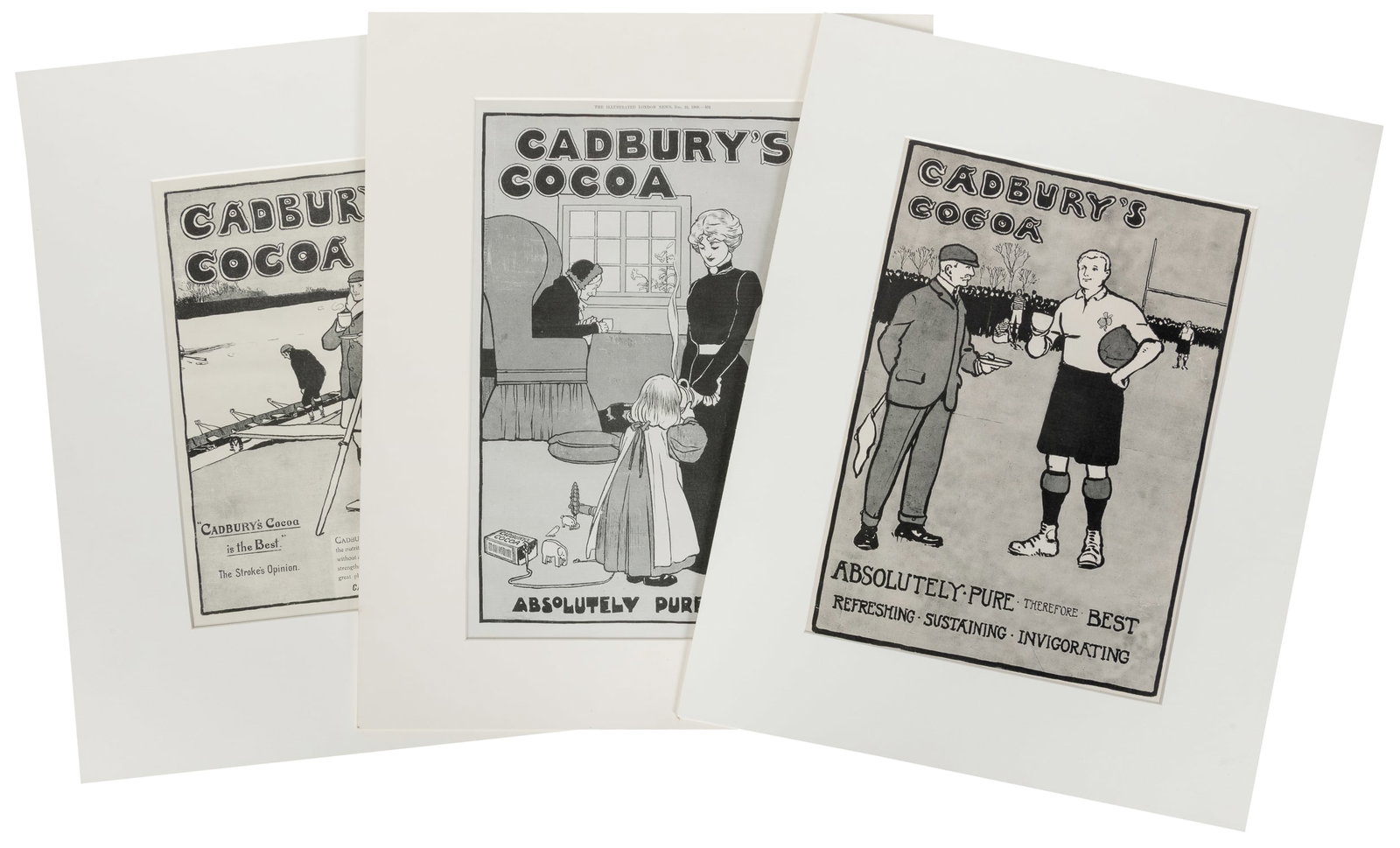 Five Cadbury's Cocoa Pictorial Advertisements Including Cecil Aldin Illustrations: Cecil Aldin (1870-1935). Five Cadbury's Cocoa Pictorial Advertisements Including Cecil Aldin Illustrations. Circa 1900-1901. Includes five full-page print advertisements run in UK publications, The Sp