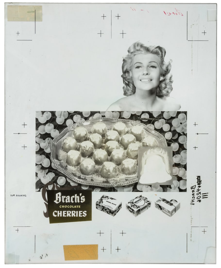 Brach's Chocolate Cherries Glass Advertisement Printing Proofs featuring Rita Hayworth. Circa 1950s.: Brach's Chocolate Cherries Glass Advertisement Printing Proofs featuring Rita Hayworth. Circa 1950s. Three transparent proofs on glass for print advertising, three color levels, and featuring the actr