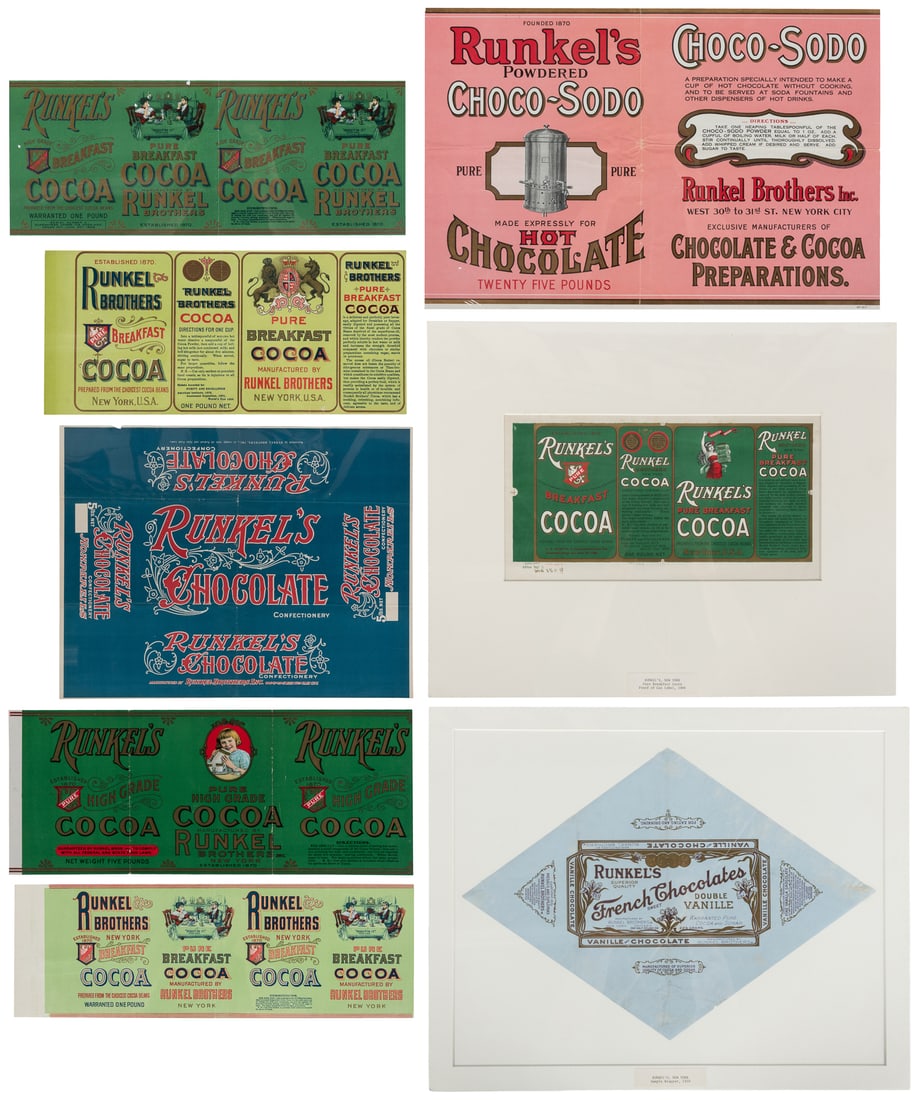 Eight Runkel's Chocolate Packaging Labels. New York: Runkel Brothers Inc., early 20th century. (1 of 9)
