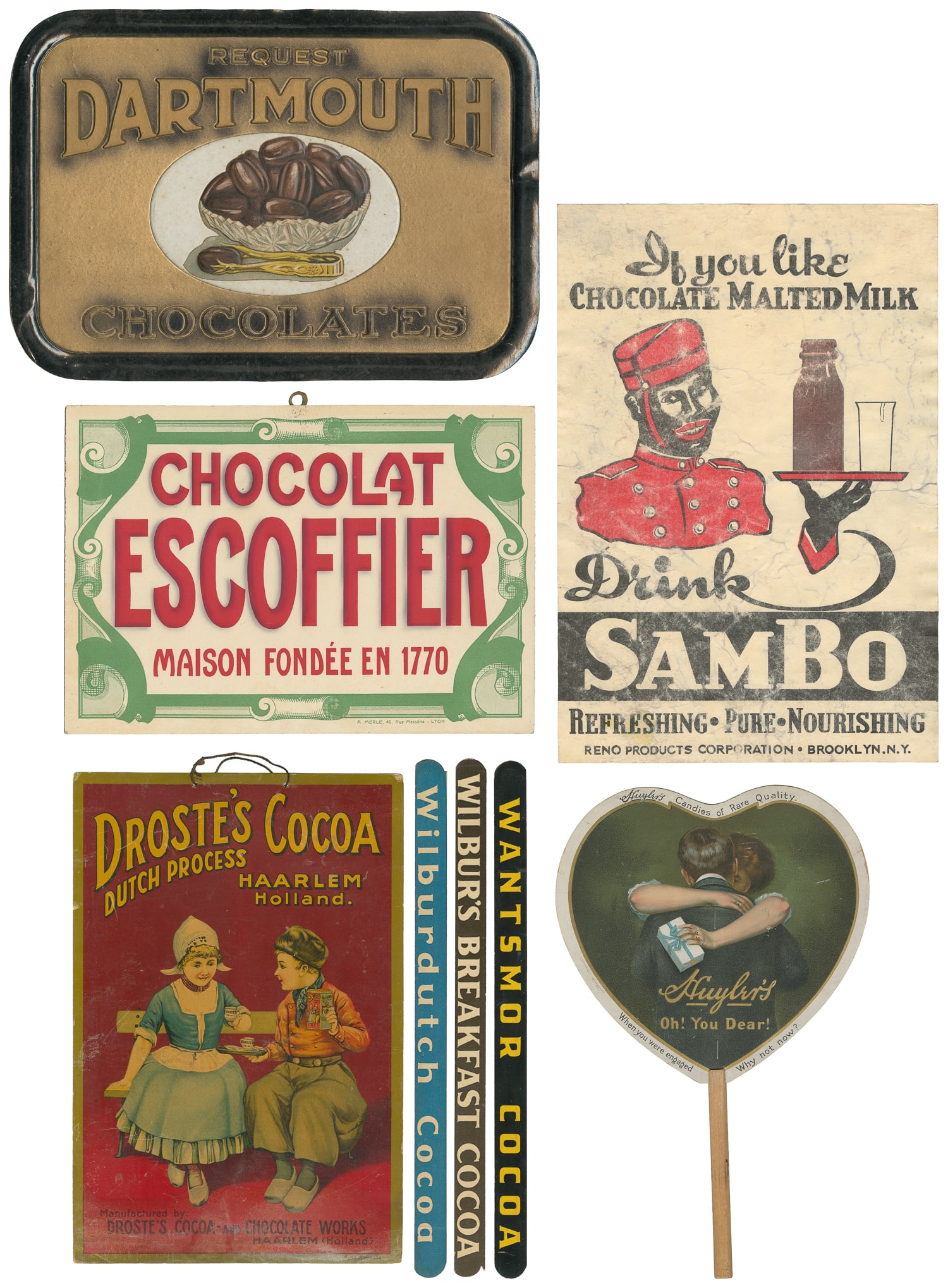 Five chocolate advertising signs and fan. (1 of 6)