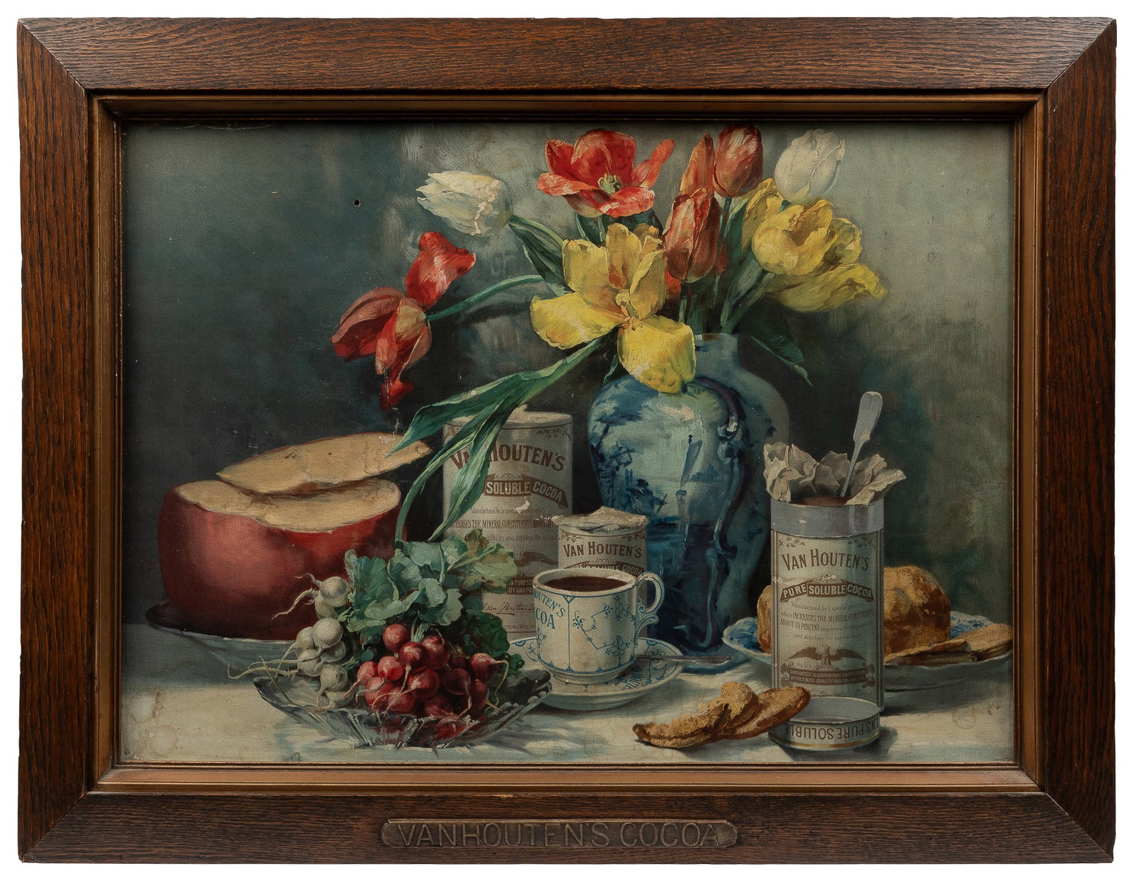 Van Houten's Cocoa advertising poster.: Van Houten's Cocoa advertising poster. Circa early 20th century. Lithograph poster with a still life showing Van Houten products, in wooden frame with raised Van Houten's Cocoa label. Framed, 22 x 28"