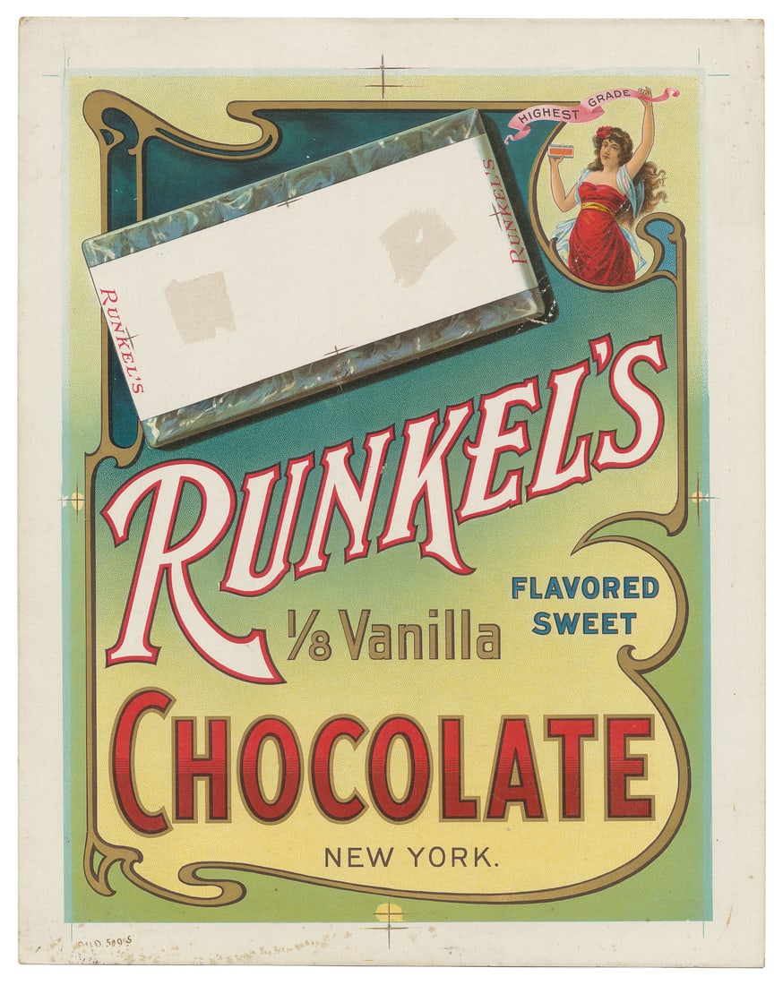 Runkel's Chocolate advertising proof.: Runkel's Chocolate advertising proof. [New York], ca. 1900s. Color lithograph advertisement on cardstock. Full-bleed proof or sample, marked in corner "Gold 5095." 12 x 9 1/2".