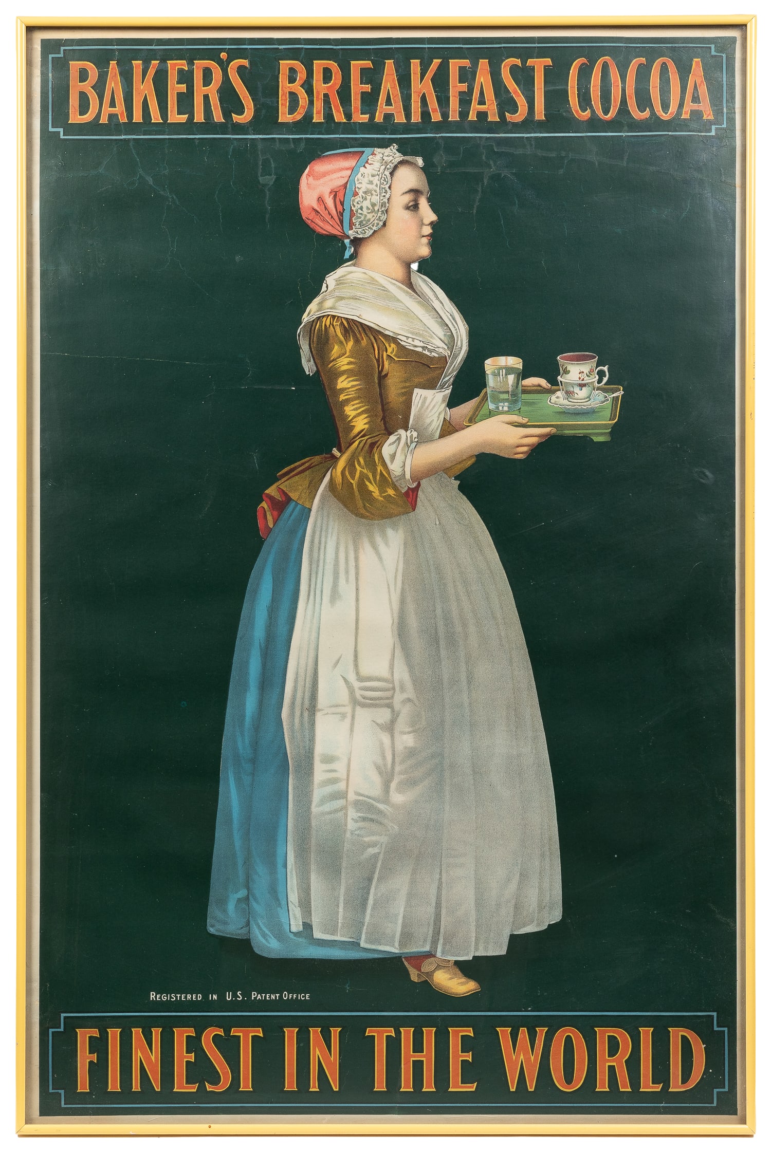 Baker's Breakfast Cocoa advertising poster.: Baker's Breakfast Cocoa advertising poster. American, ca. 1910s. Color lithograph poster showing a maid carrying a tray of breakfast cocoa, on a green background. Framed, 41 x 26 1/2".