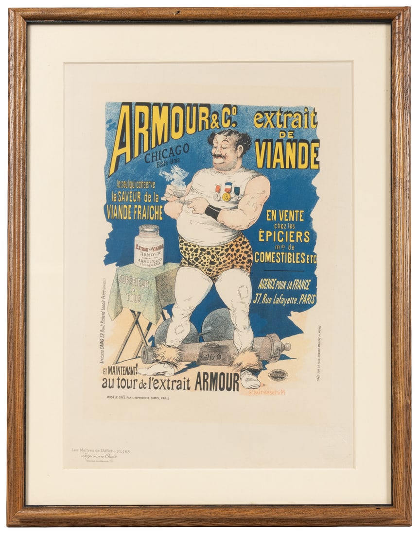 Armour & Co. Maitres de l'Affiche Pl. 163.: Armour & Co. Maitres de l'Affiche Pl. 163. Paris: Chaix. Color lithograph plate, from Les Maitres de l'Affiche, of the poster depicting a tattooed strongman. Blind-seal at lower right. Framed, 19 x 15