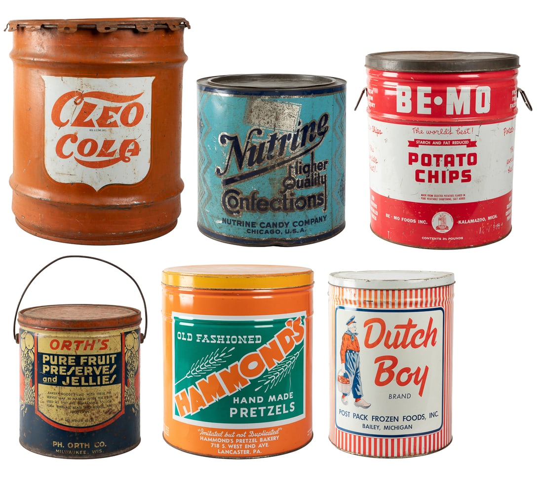 Six Large Advertising Tin Food Buckets. (1 of 7)