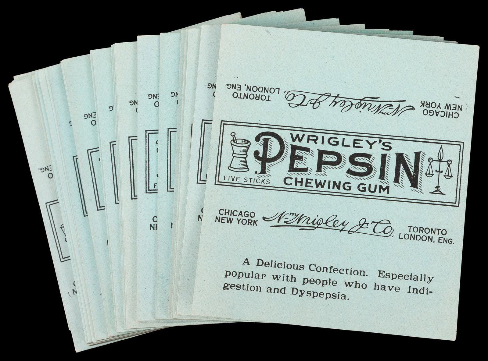 Wrigley's Pepsin Chewing Gum wrappers lot.: Wrigley's Pepsin Chewing Gum wrappers lot. Chicago et al, ca. 1920s. A half-inch stack of unused gum wrappers on light blue paper, printed in black. Uncounted, but approximately 100+. 3 x 2 3/4".