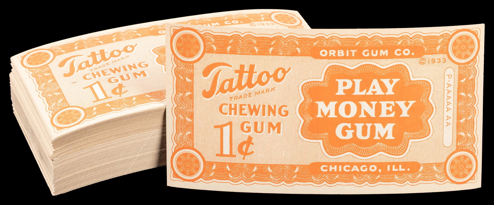 1933 Orbit Gum "Tattoo Chewing Gum" Play Money lot. (1 of 2)