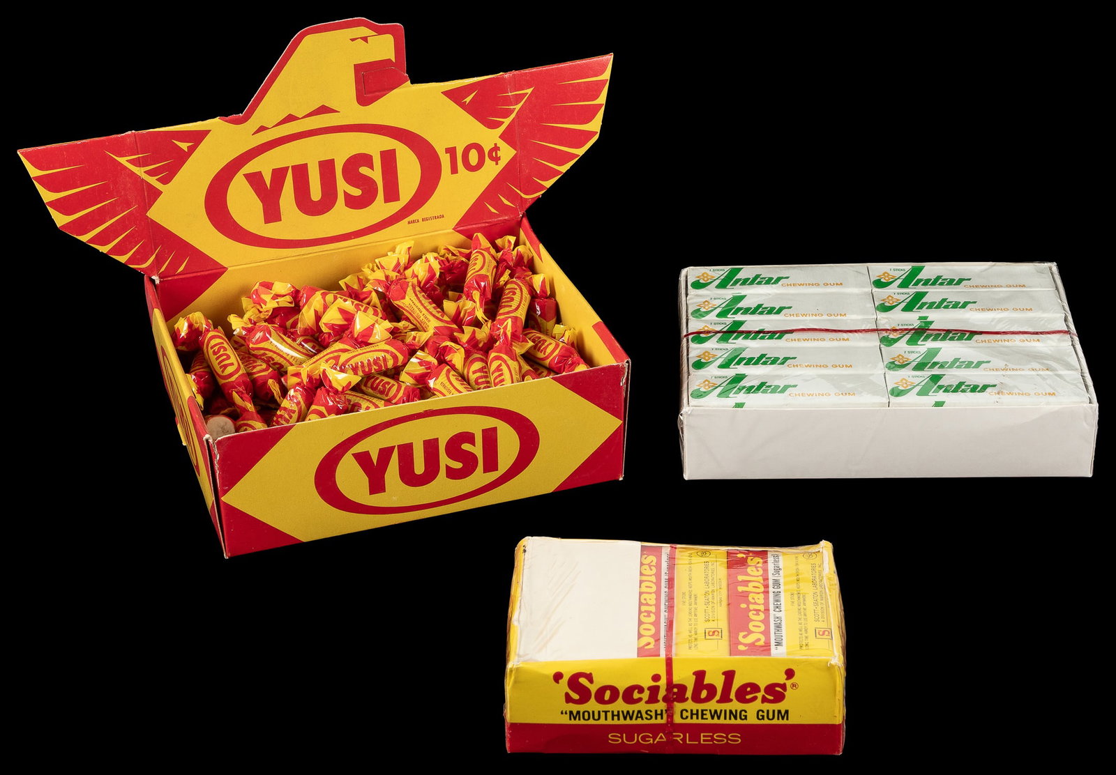 Three boxes of new old stock chewing gum.: Three boxes of new old stock chewing gum. Including: Antar Chewing Gum. Factory-sealed box of seven-stick packs, dated Mar. 11, 1976 to underside. Yusi Chewing Gum. Mexico, n.d. (ca. 1960s?). Box of c